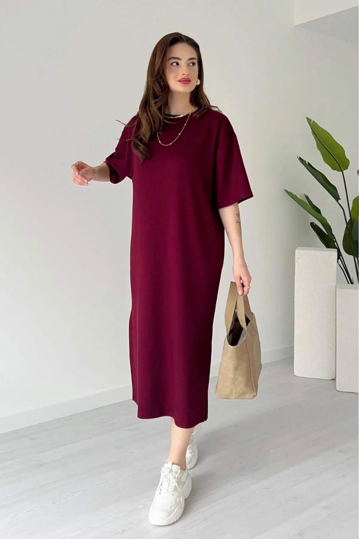 verabelle Kadın Yanı Yırtmaçlı Oversize Modal Elbise