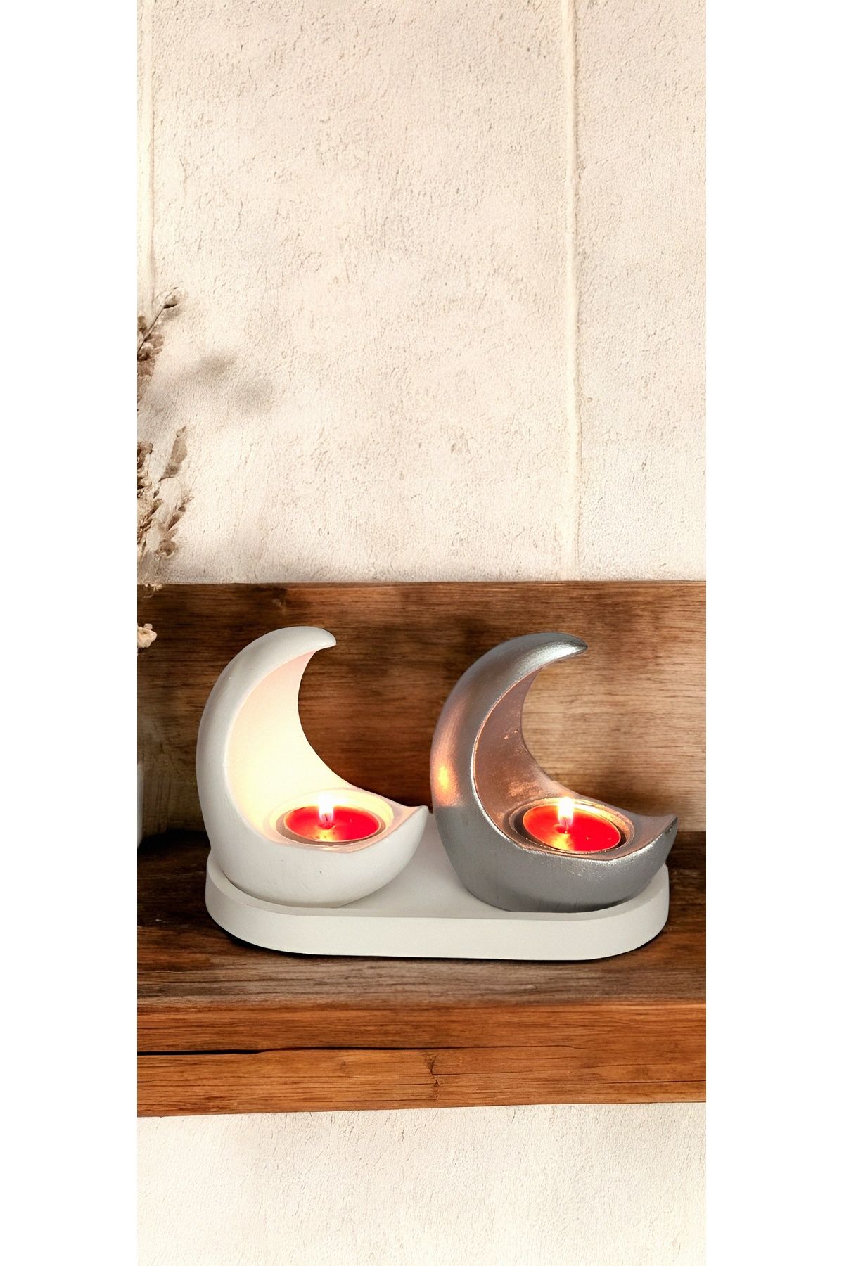 rubbyhome ay şeklinde alçı mumluk seti+2 adet mum