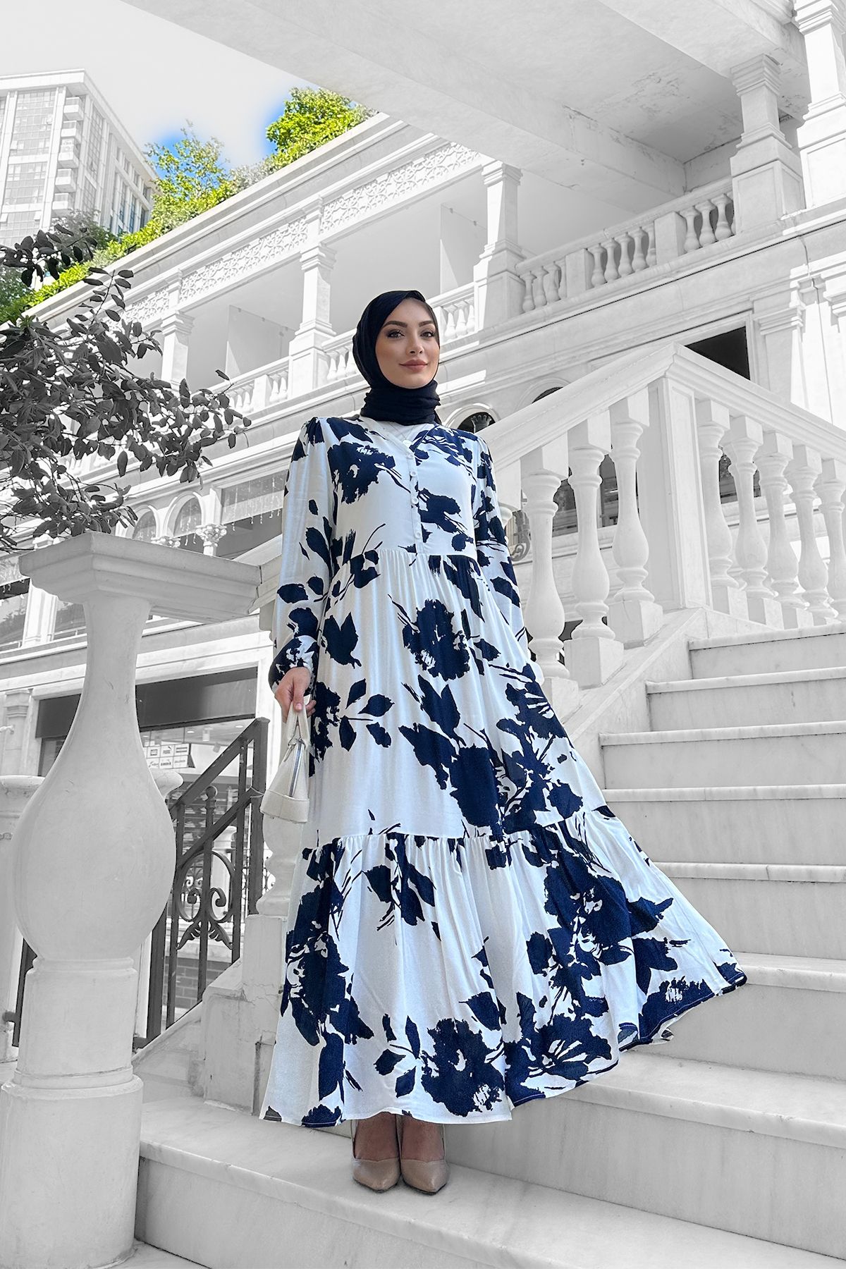 lizbutik Avşa Desenli Elbise - Siyah