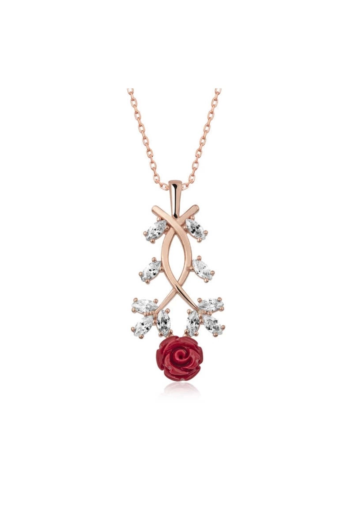 minaydan 925 Ayar Gümüş Rose Kırmızı Gül Gümüş Kolye