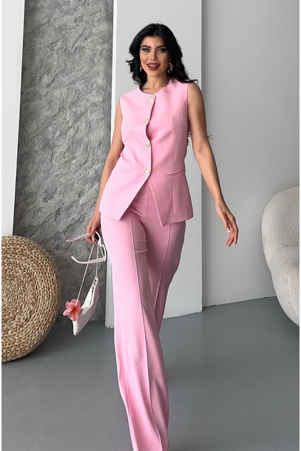 pembekurdelem Kadın Tasarım Düğmeli Yelek Pantolon Takım Şeker Pembe
