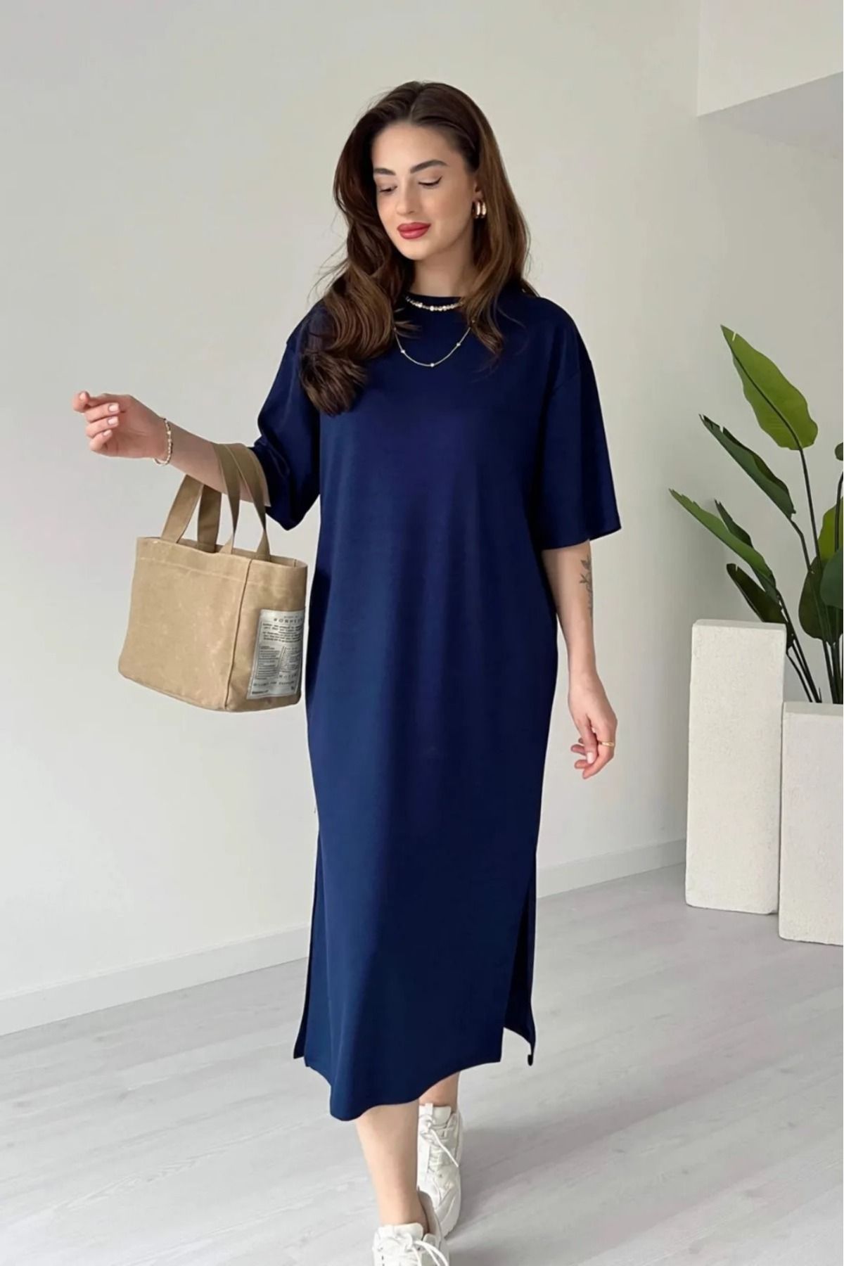 verabelle Kadın Yanı Yırtmaçlı Oversize Modal Elbise