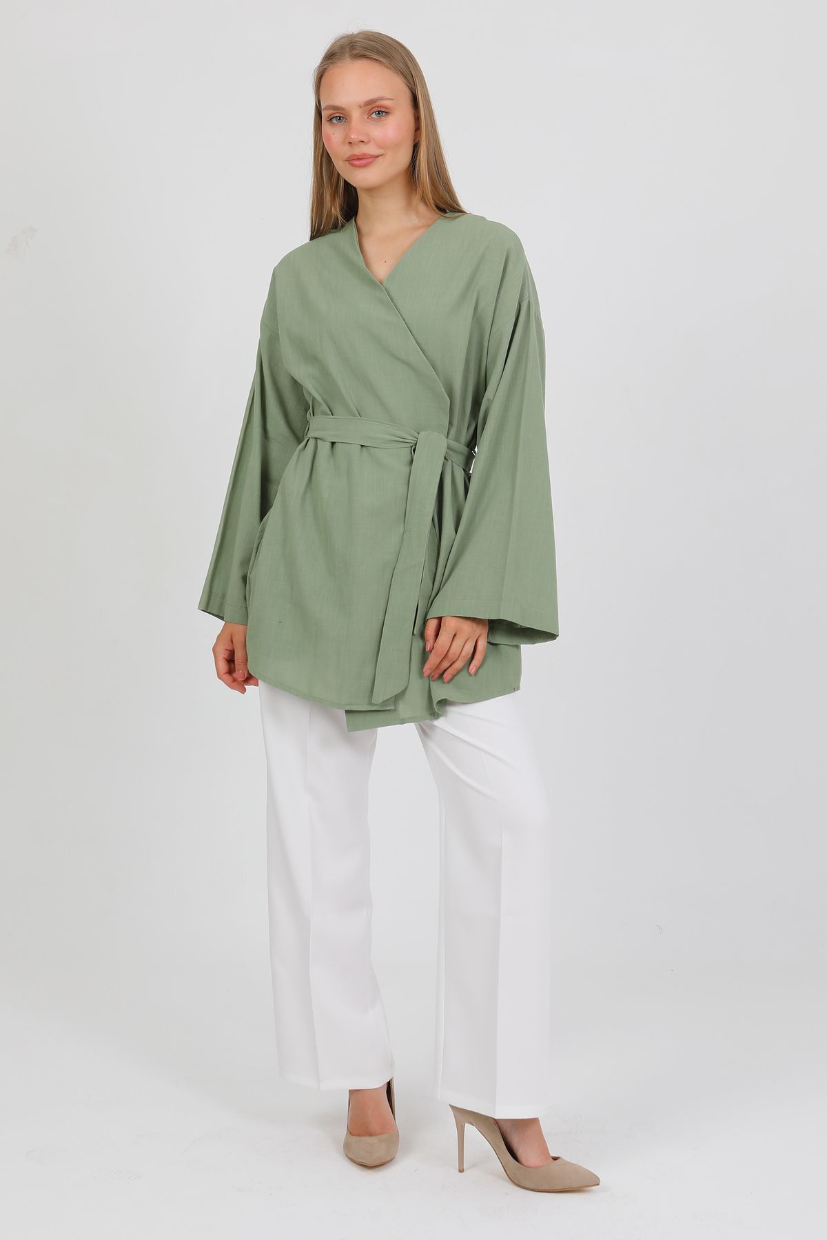 PASTELASTORE %100 Pamuk Keten Cepli Kemerli Yazlık Kadın Kimono 1166 - Nefes Alan Doğal Kumaş
