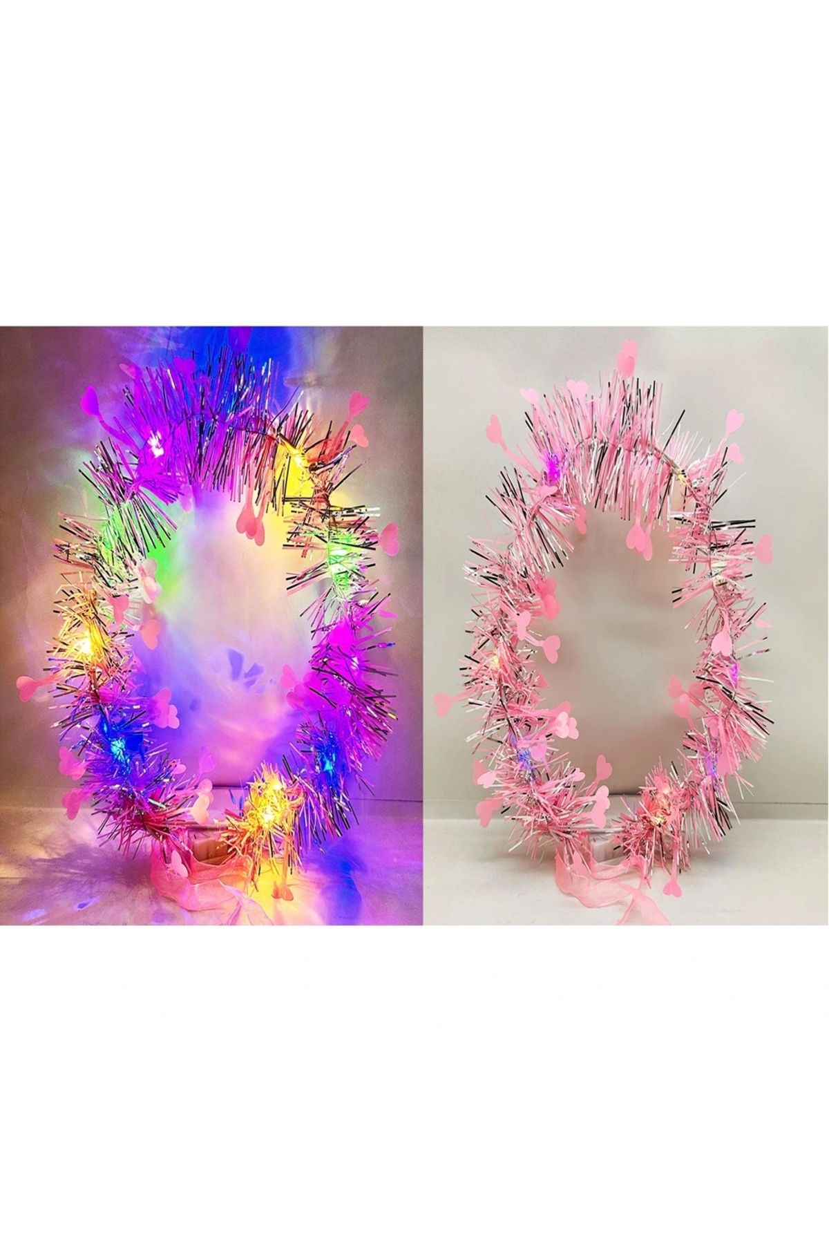 OurStyles Kalp Püsküllü Gece Parıltısı 3 Modlu LED li Işıklı Taç Pembe Renk