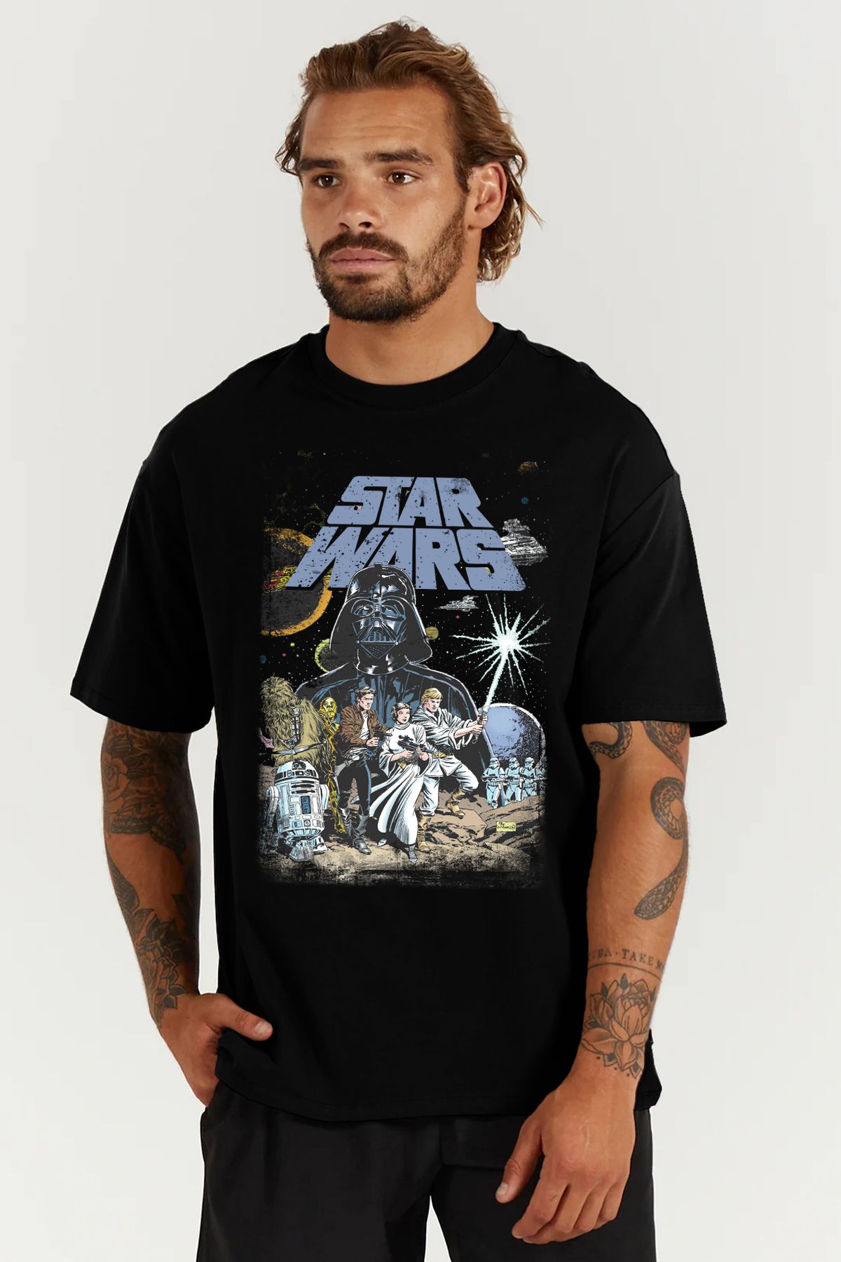 MODA Star Wars Darth Vader Yıldız Savaşları Baskılı Oversize Kalıp Siyah Geniş Bol Kesim Erkek Tişört