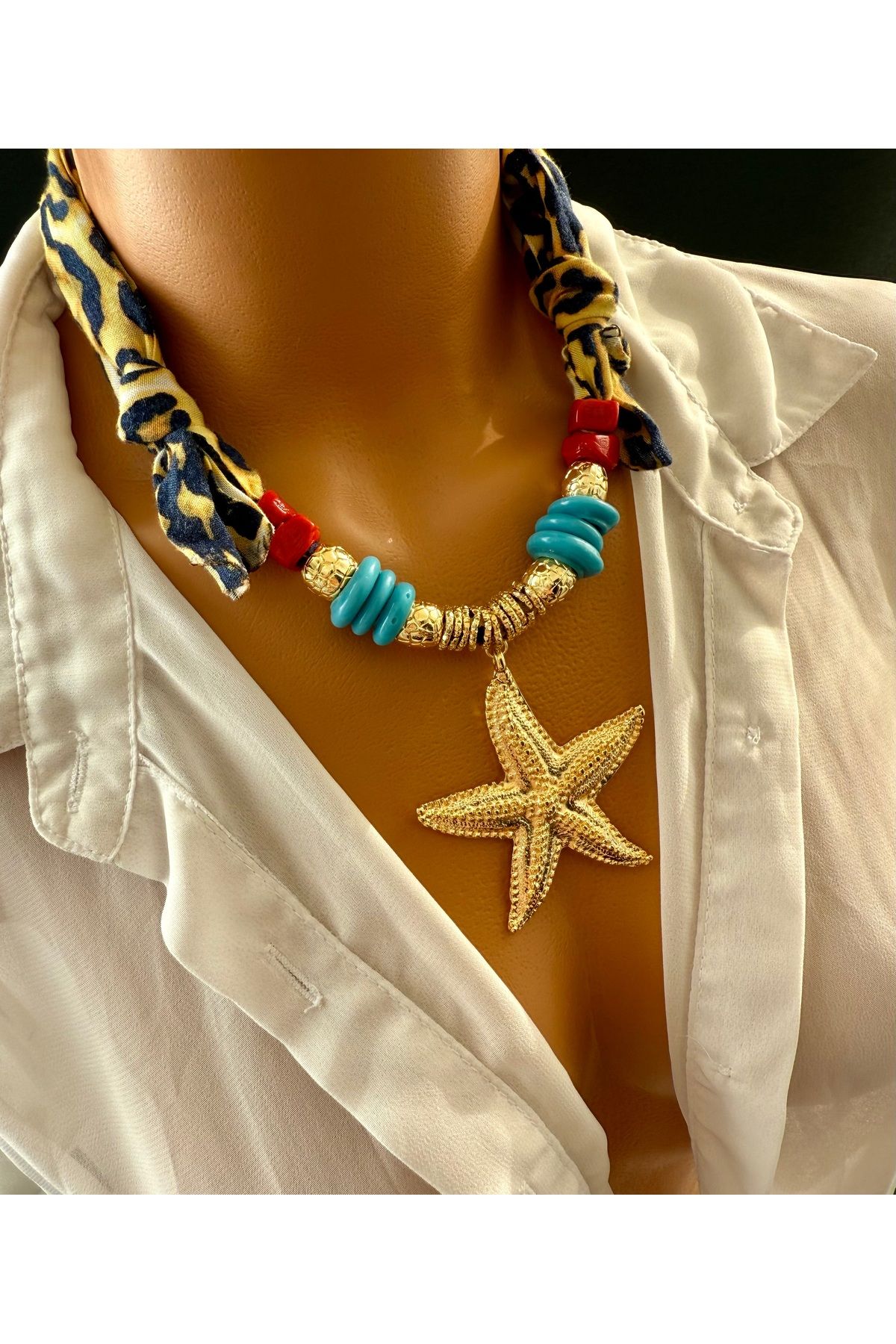 Limi Design Deniz yıldızı ,cam bodrum boncuklu el yapmı fular leopar kolye