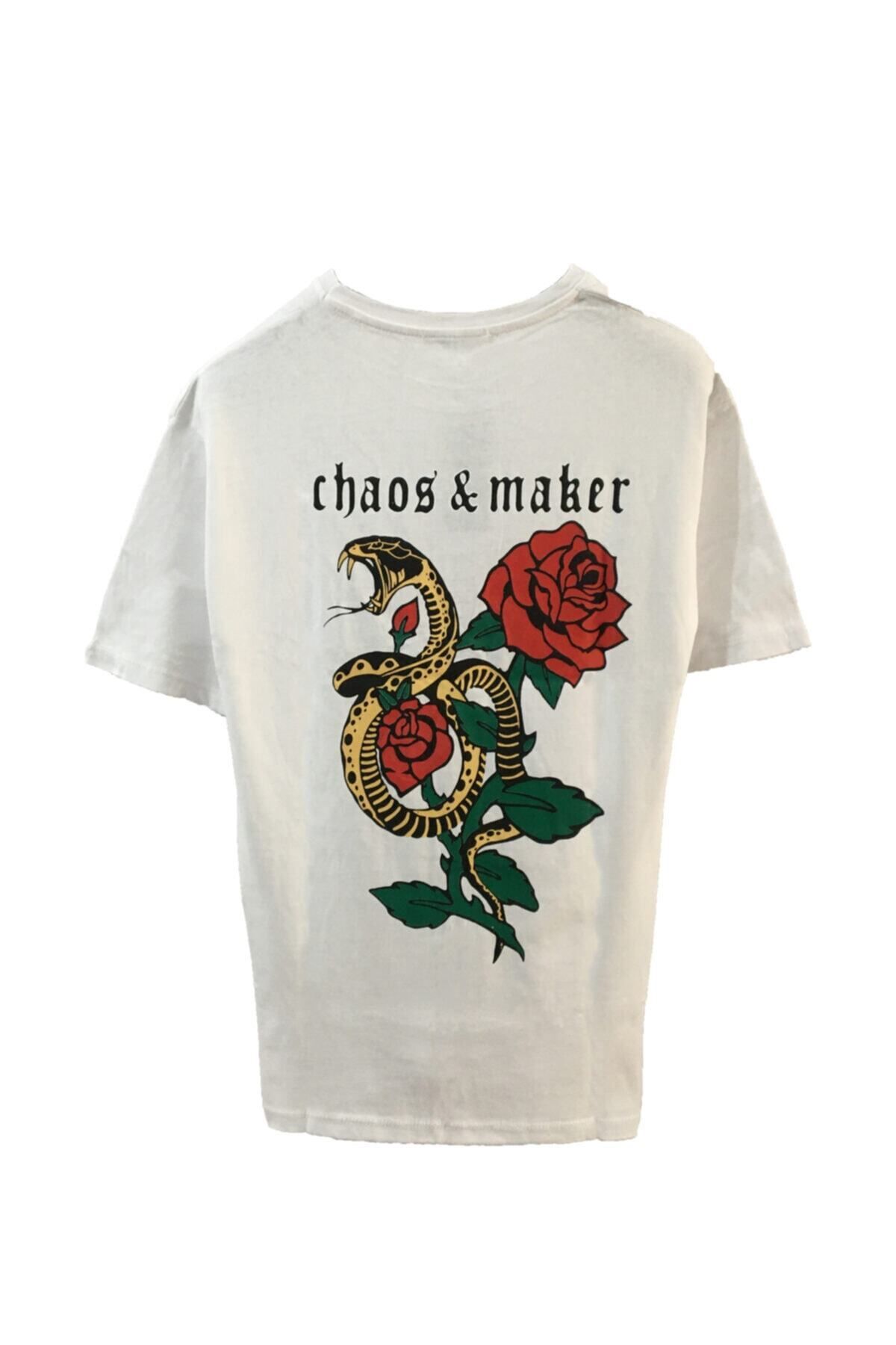 Pisa Art Unisex Oversize Chaos Maker Sırt Baskılı Beyaz Tshirt