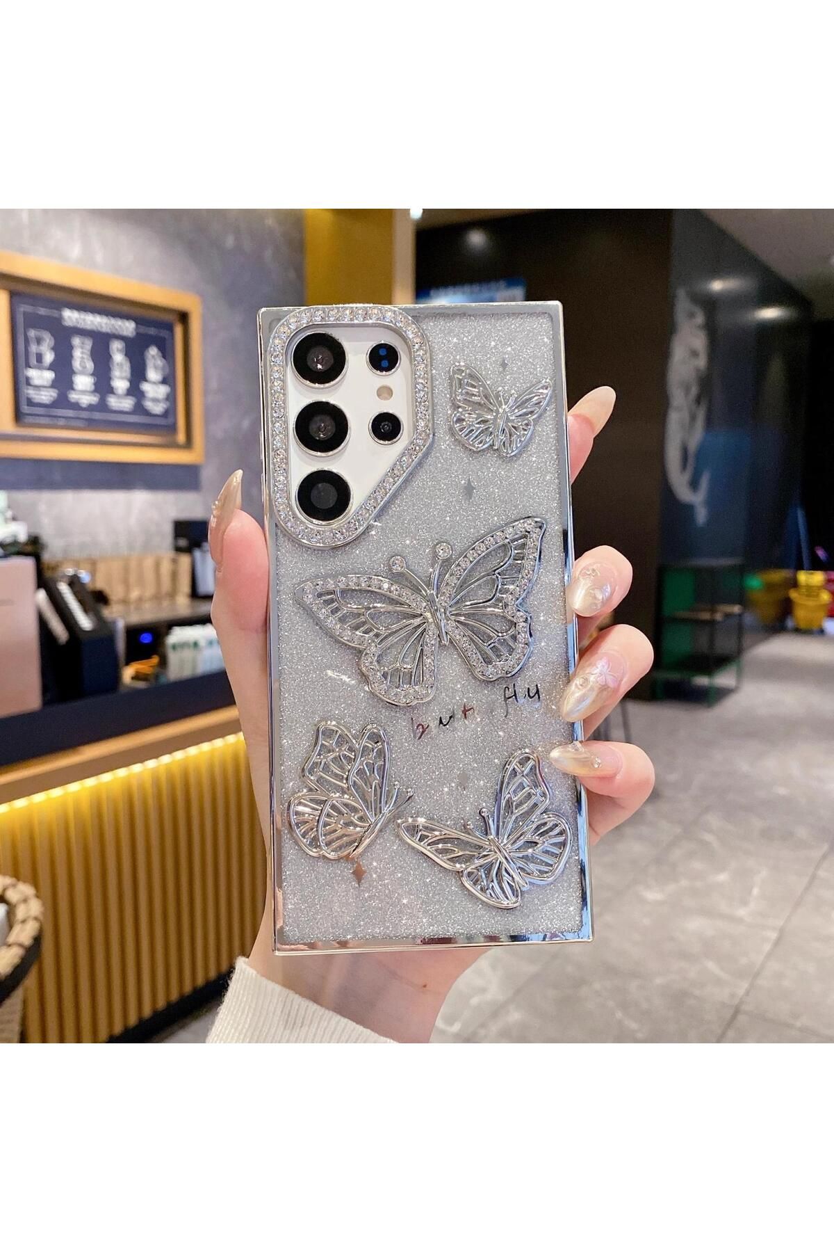 LioTech Samsung Galaxy A16 Uyumlu Taşlı Kelebek Desenli Darbe Emici Özelliğe sahip Silikon Kılıf