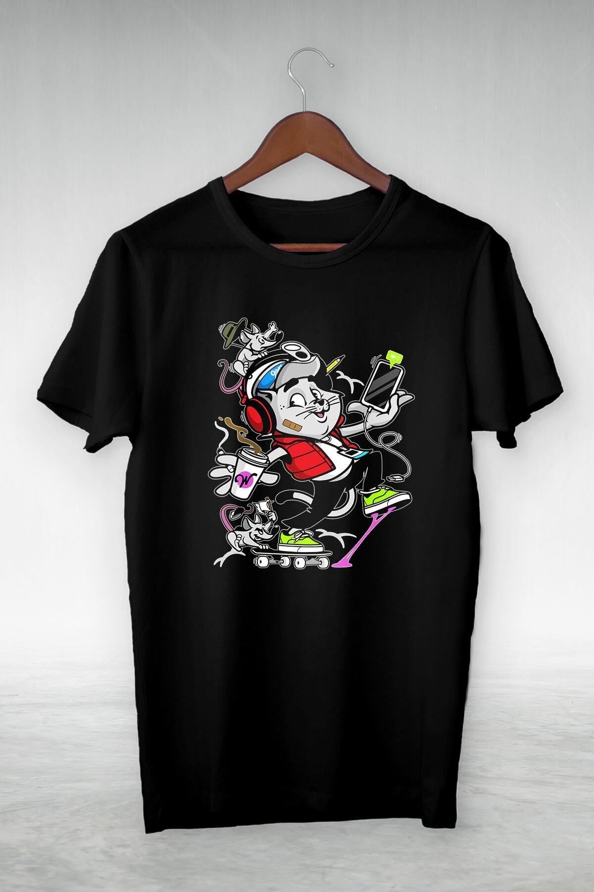 Pisa Art Siyah -skate Cat Mouse- Vip Tasarım Tshirt