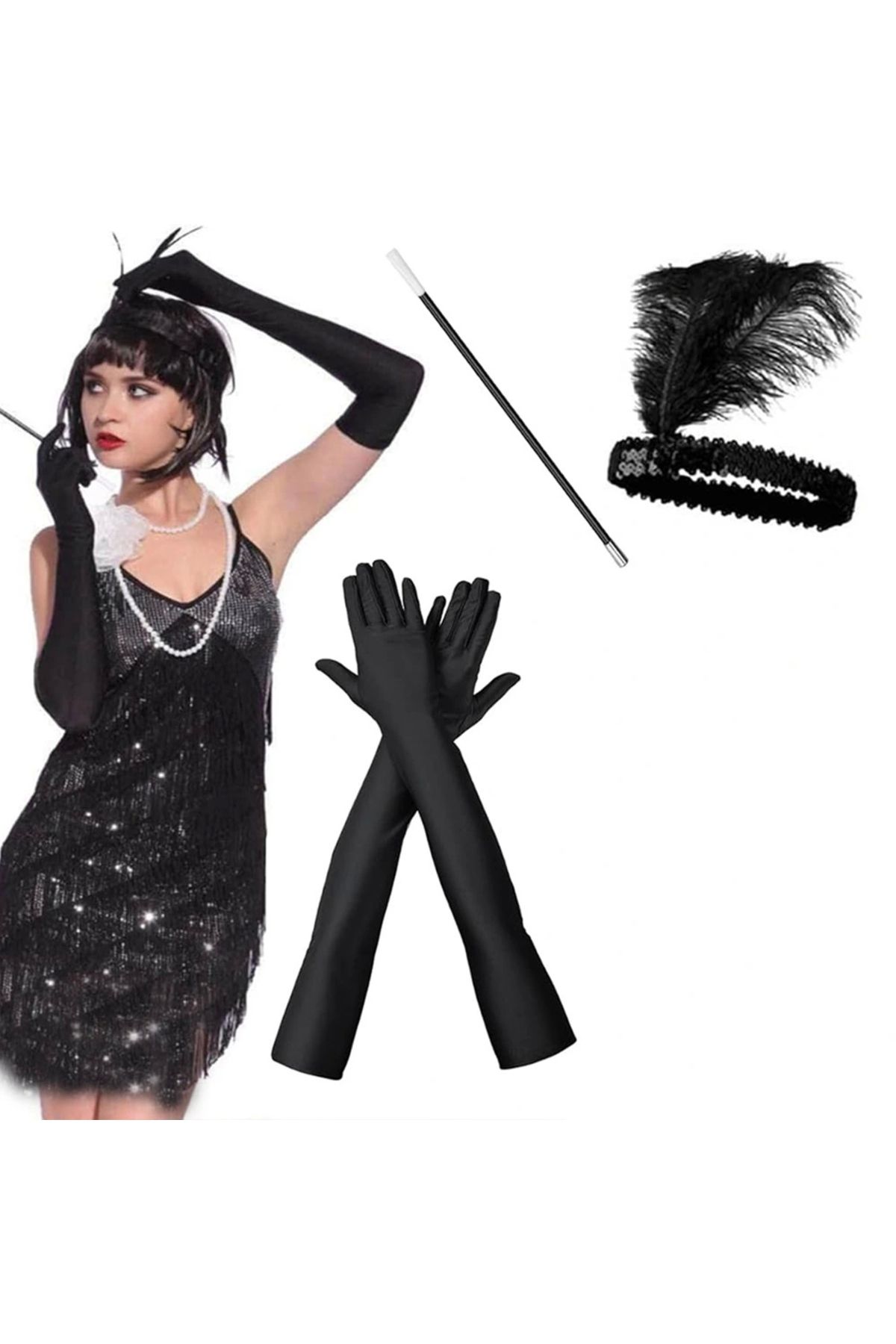 OurStyles 1920'ler Gatsby Aksesuar Seti – Siyah Charleston Saç Bandı, Uzun Eldiven & Sigaralık