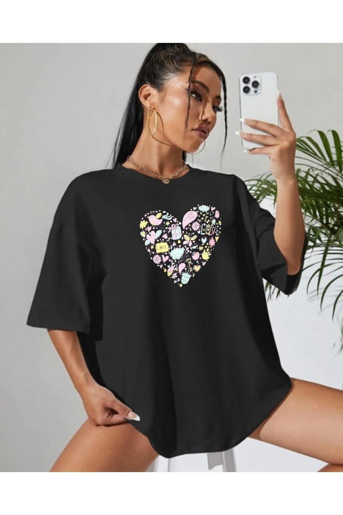 Pisa Art Oversize Unisex Bisiklet Çiçekli Kalp Baskılı T-shirt