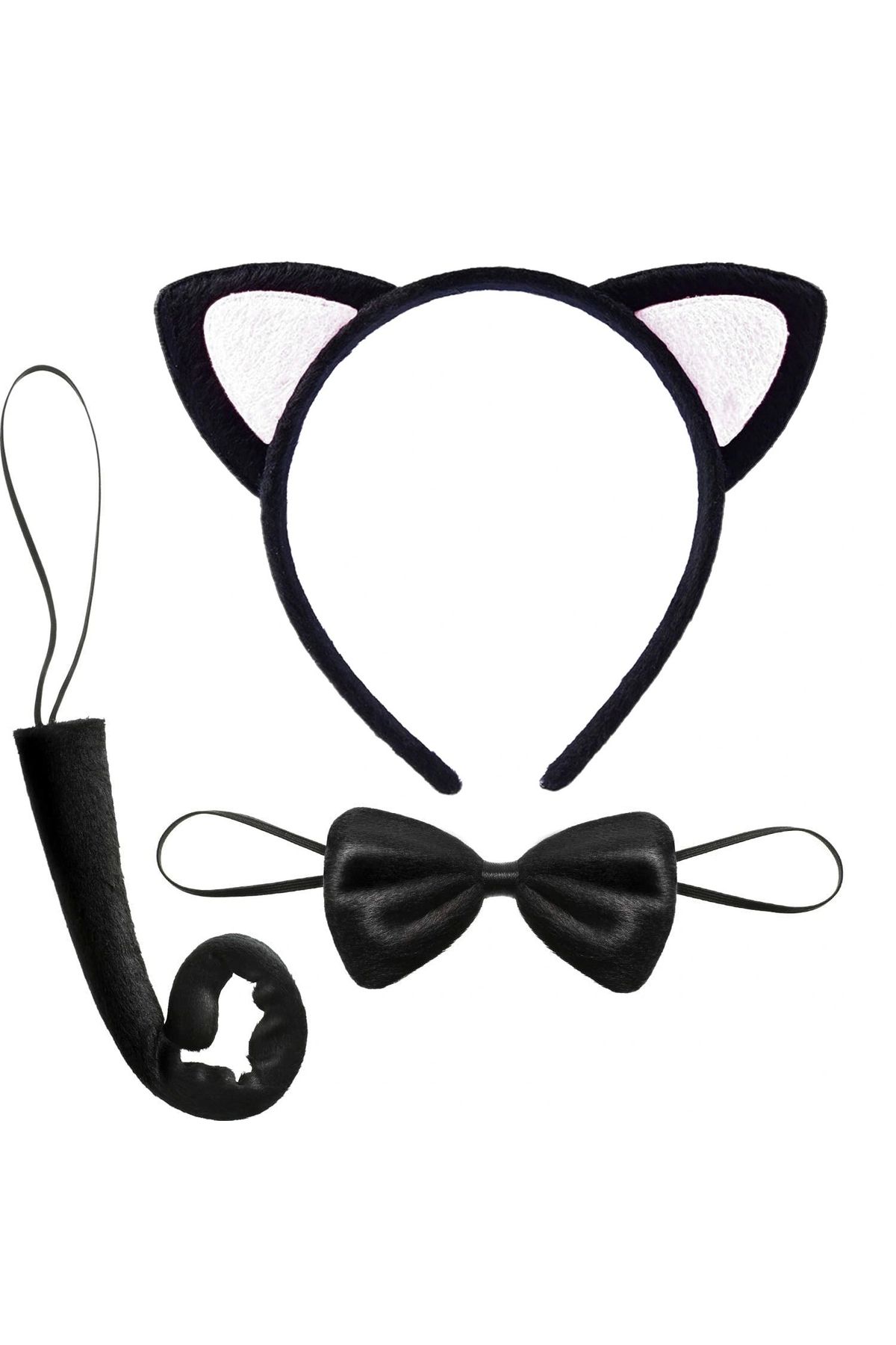 OurStyles Sevimli Kedi Kostüm Seti Kulak Papyon Kuyruk Beyaz Renk