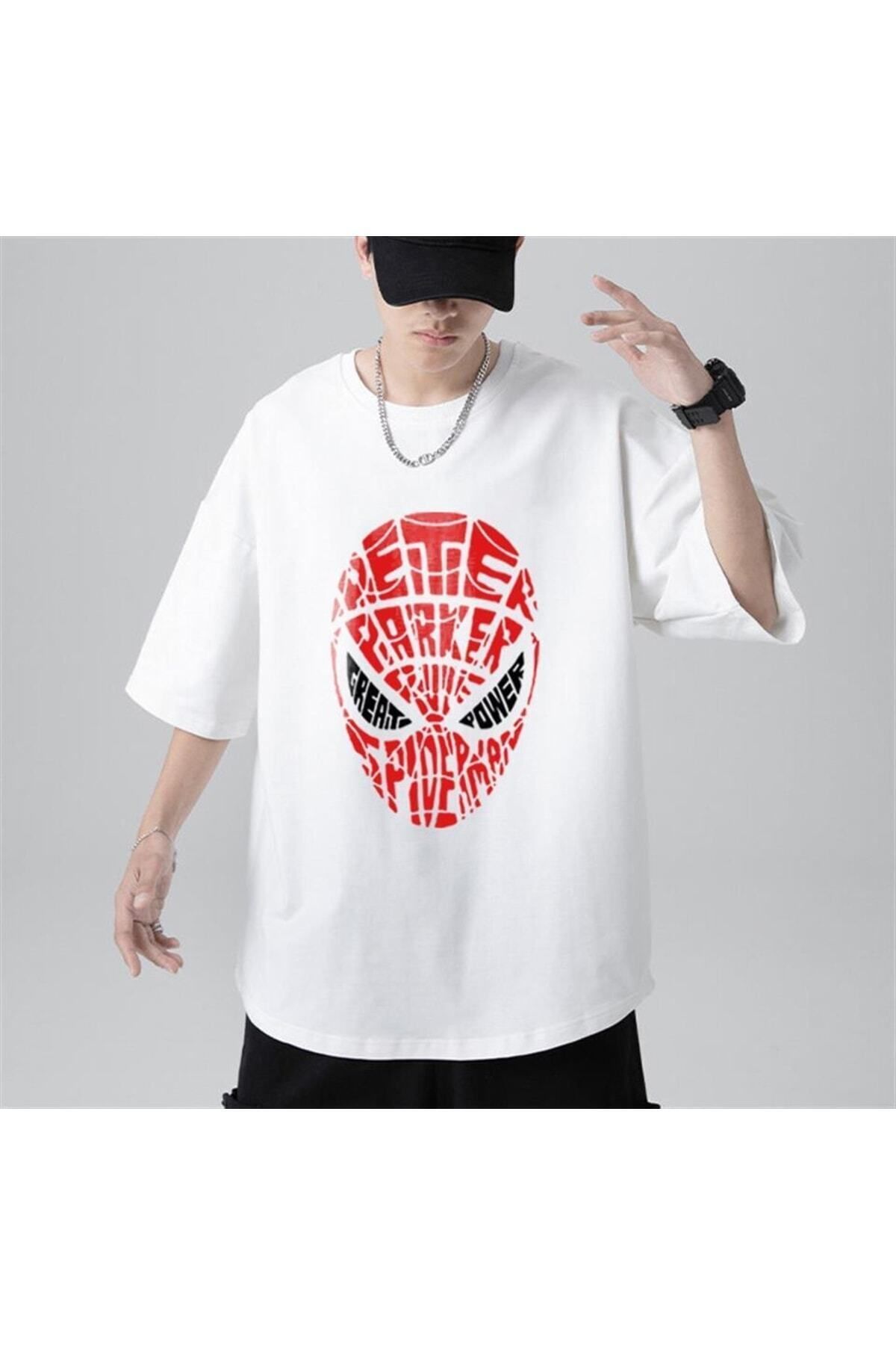 Pisa Art Spider-man Head Baskılı Beyaz Unisex Oversize T-shirt