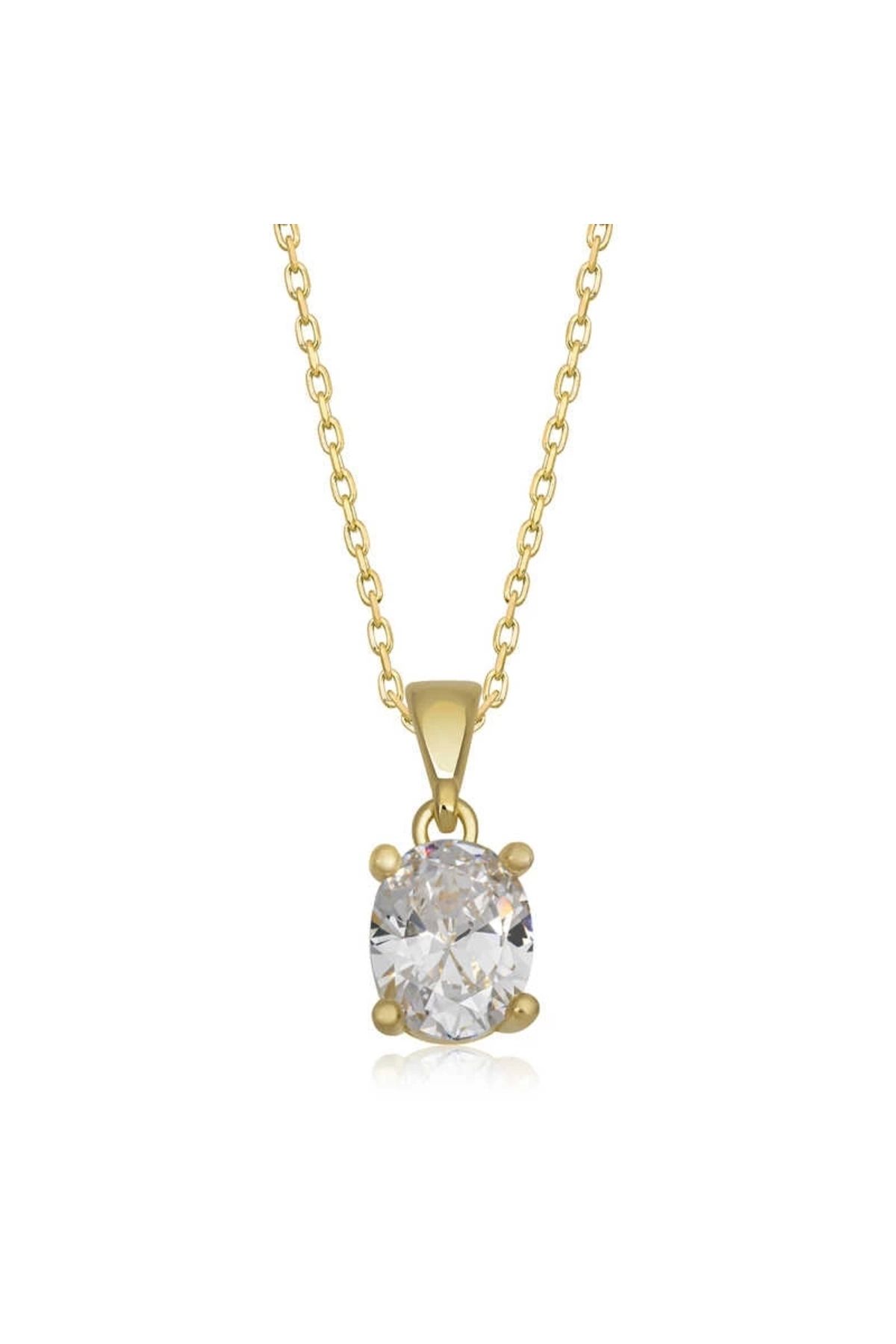 minaydan 925 Ayar Gümüş Gold Oval Zirkon Taşlı Kadın Gümüş Kolye