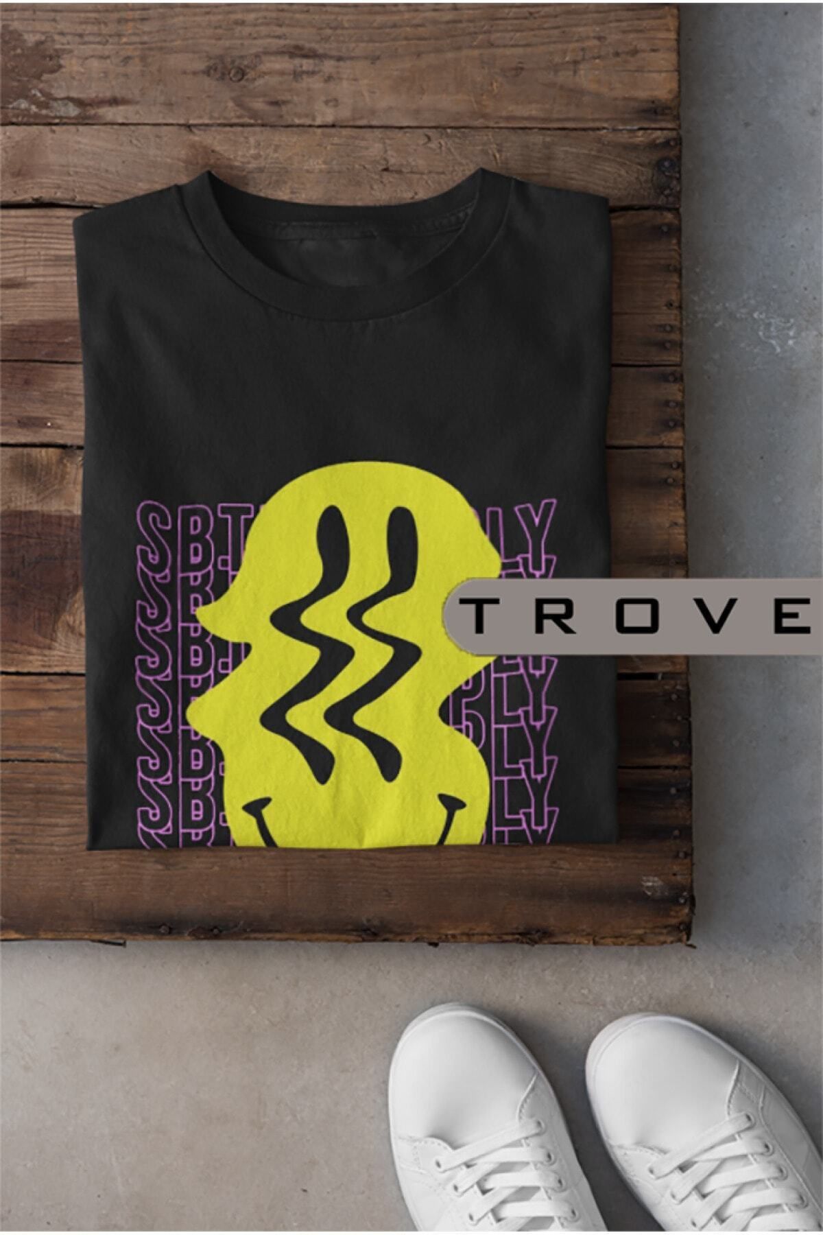 Pisa Art Unısex Kadın Erkek Gülen Yüz Kayması %100 Pamuk Baskılı Siyah Beyaz T-shirt