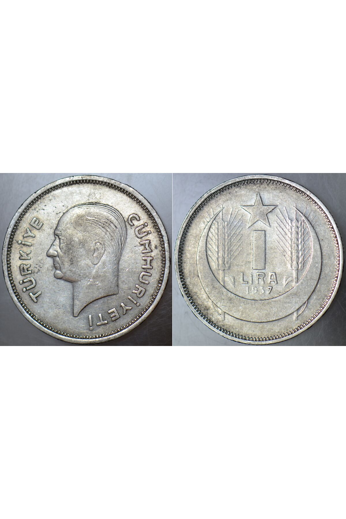 Banknoting TÜRKİYE CUMHURİYETİ GÜMÜŞ 1 LİRA 1937 ATATÜRK 12 gram. Hediyelik