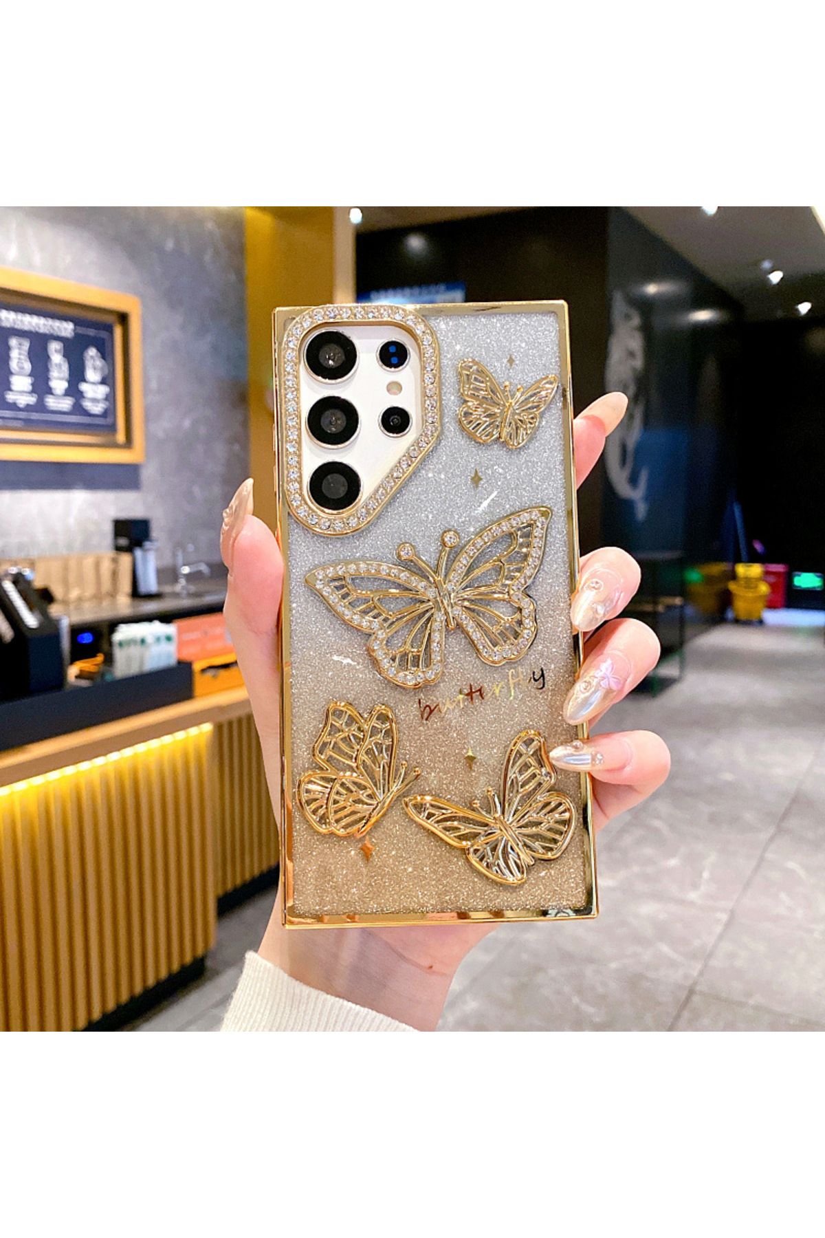 LioTech Samsung Galaxy A16 Uyumlu Taşlı Kelebek Desenli Darbe Emici Özelliğe sahip Silikon Kılıf