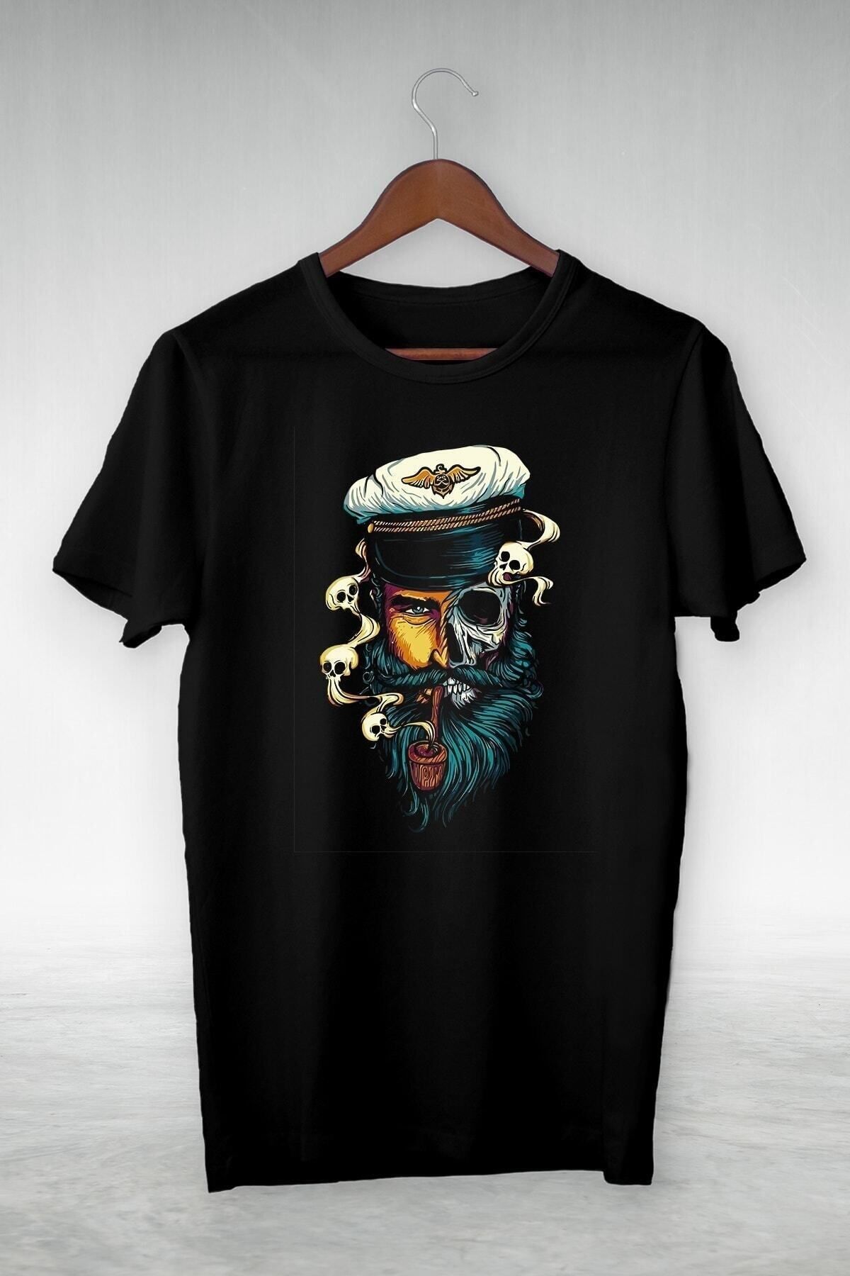 Pisa Art Unisex Siyah pipo Içen Denizci Kaptan Illustrasyon- Vip Tasarım Tshirt