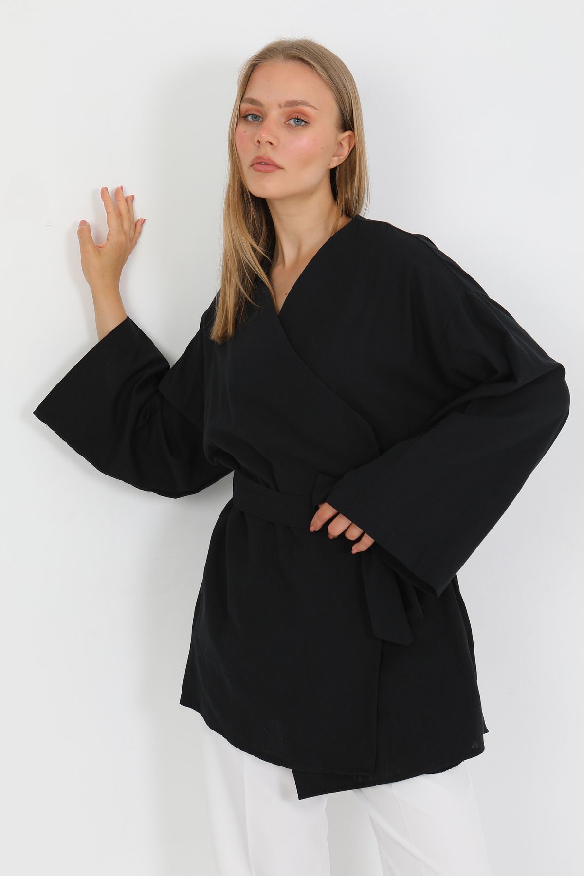 PASTELASTORE %100 Pamuk Keten Cepli Kemerli Yazlık Kadın Kimono 1166 - Nefes Alan Doğal Kumaş
