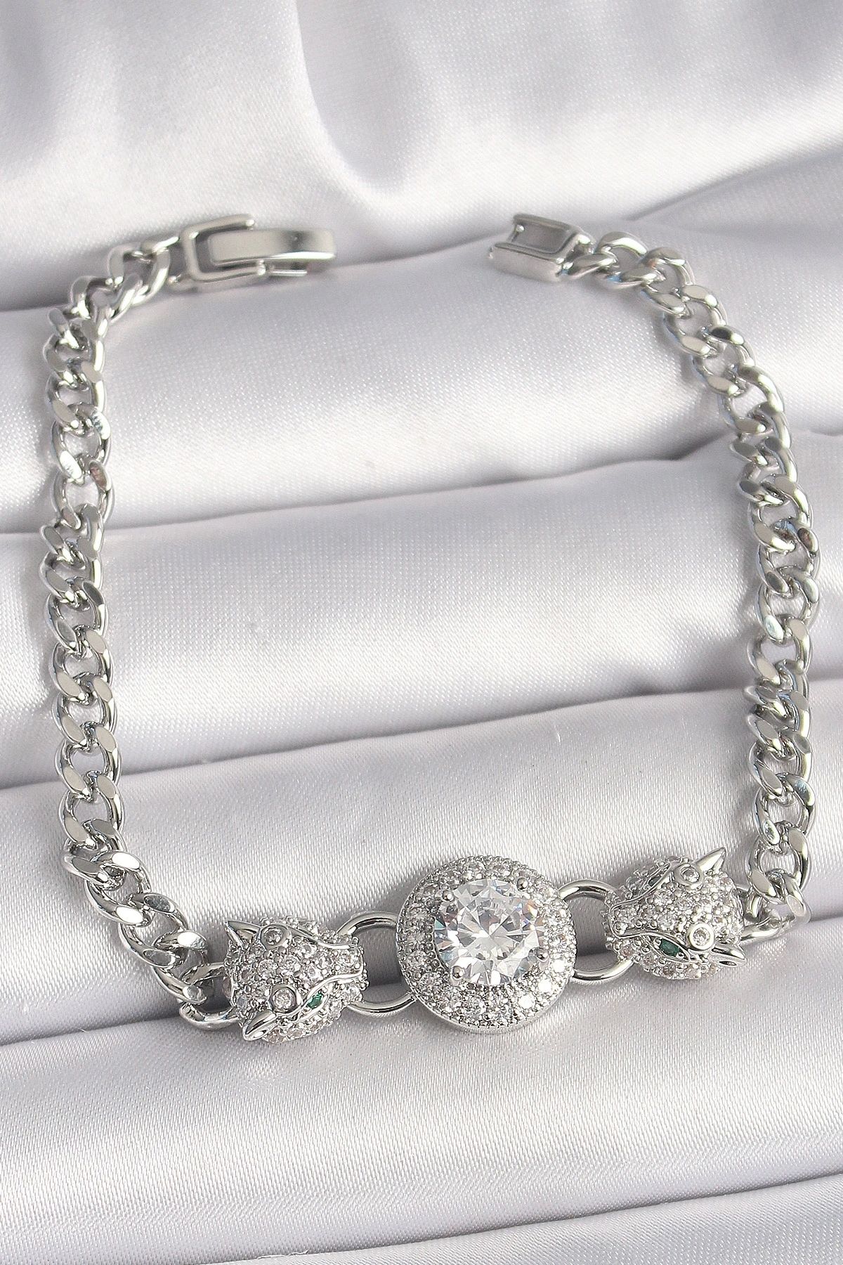 OurStyles Pirinç Gümüş Renk Zirkon Taşlı Leopar Figür Zincir Model Kadın Bileklik - TJ-BB6829