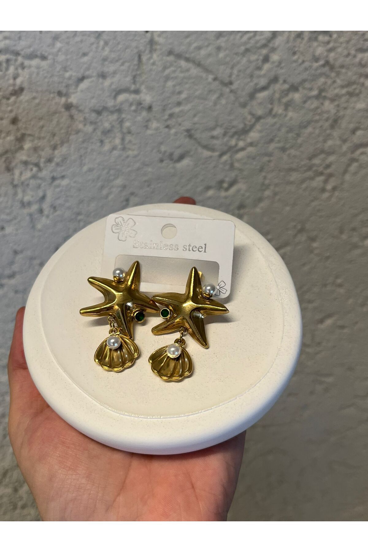 BeGa store Kadın çelik deniz yıldızlı gold küpe sallantılı