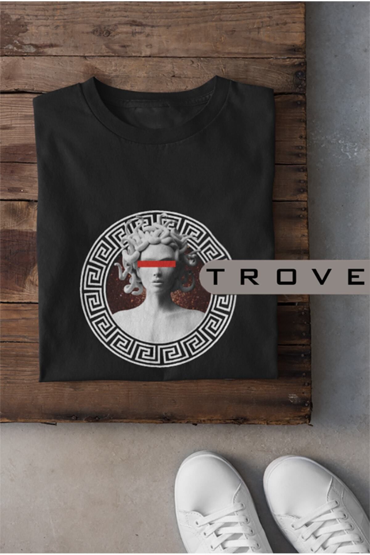Pisa Art Unısex Kadın Erkek Mitoloji Medusa Versac %100 Pamuk Baskılı Siyah Beyaz T-shirt