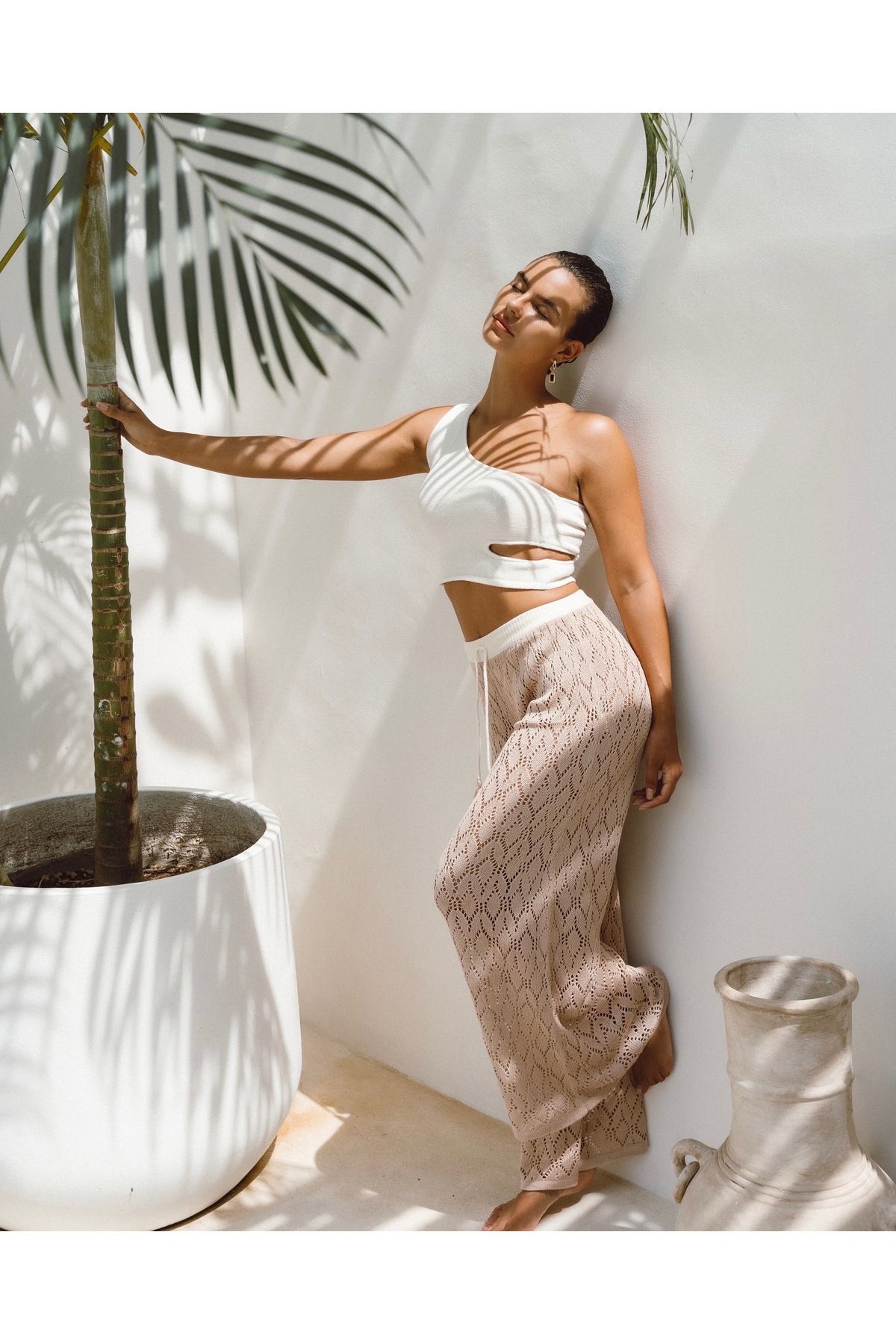 honest the label Ragam Tek Omuzlu Kısa Üst Crop Top Ekru Renk - Pearl