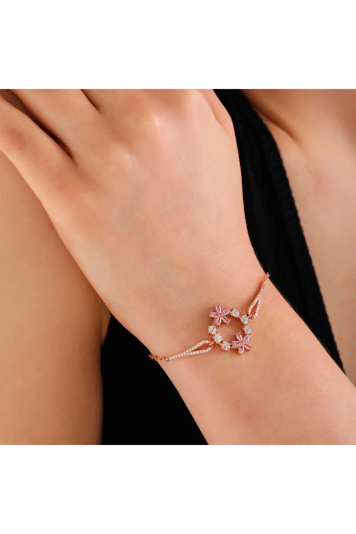 minaydan 925 Ayar Gümüş Rose Pembe Çiçek Kadın Bileklik