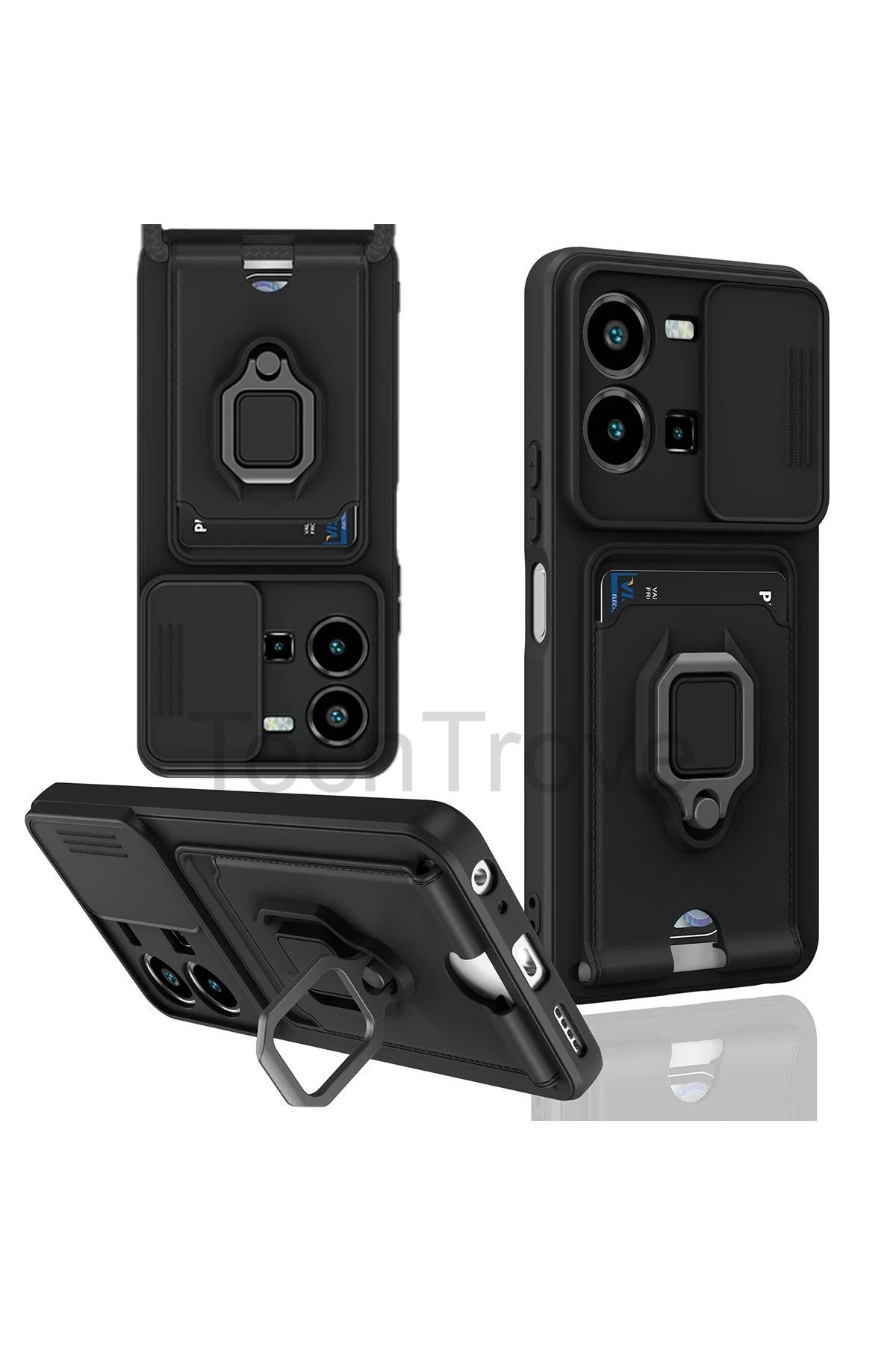 TechTrove Vivo Y22s Kılıf Kamera Koruma Sürgülü Kartvizitli Kartlıklı Standlı İpli Renkli Kapak