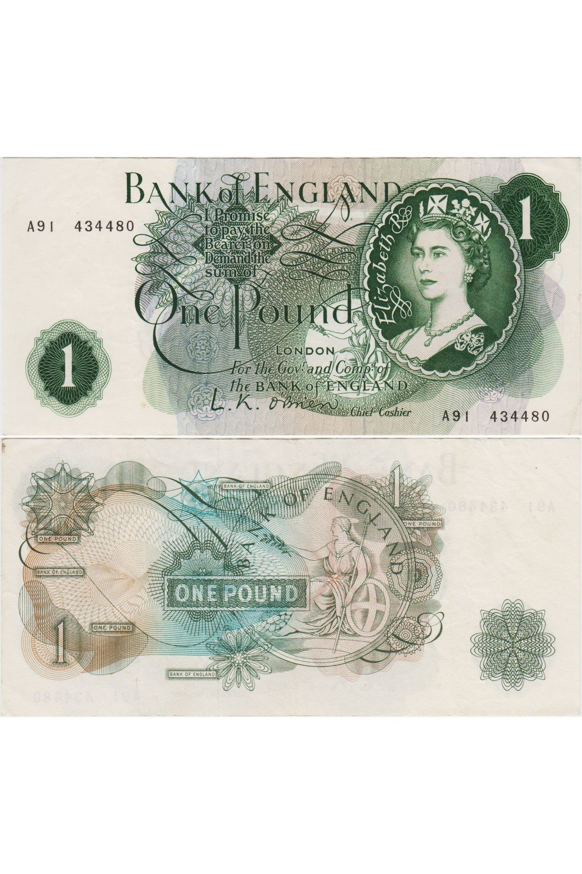 Banknoting BİRLEŞİK KRALLIK 1 POUND 1960-62 pick 374a. KRALİÇE II. ELİZABETH