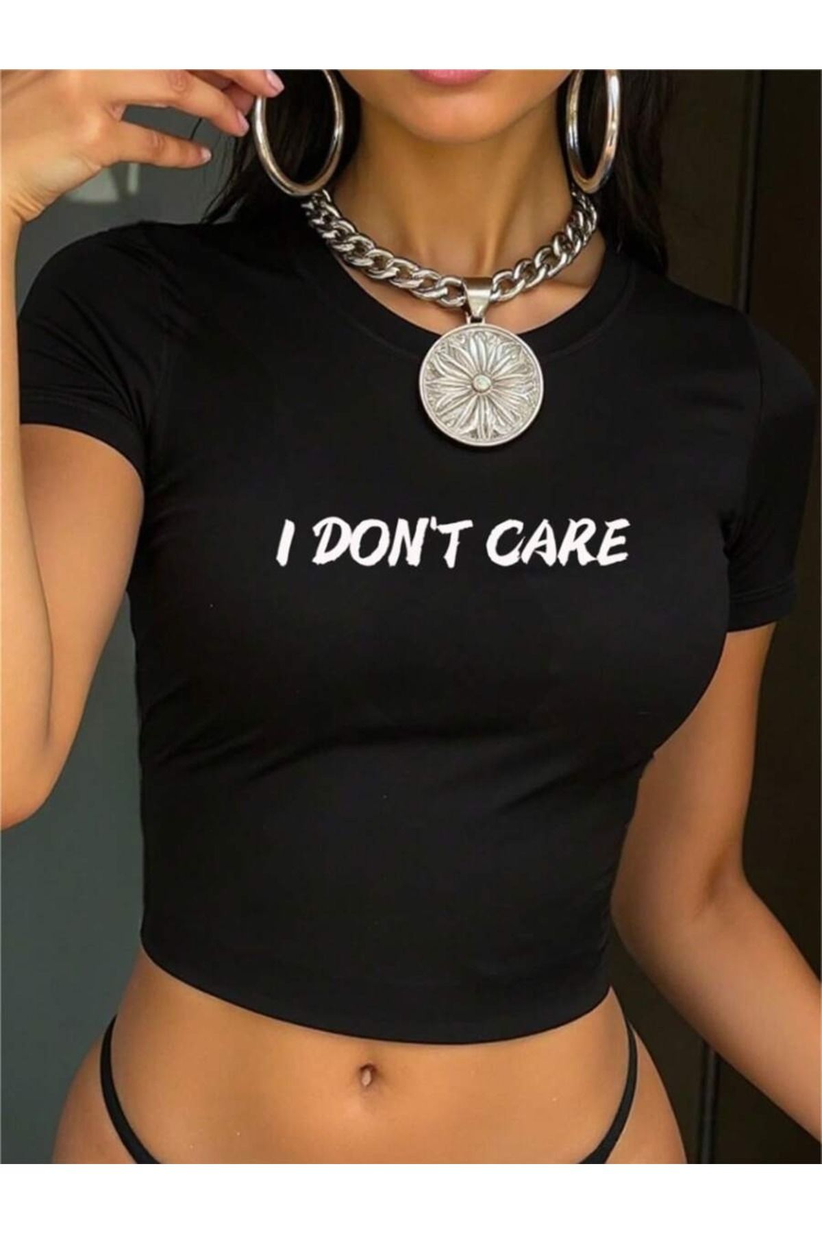 PALPİTO Kadın Siyah I Dont Care Baskılı Bisiklet Yaka Dar Crop Tshirt
