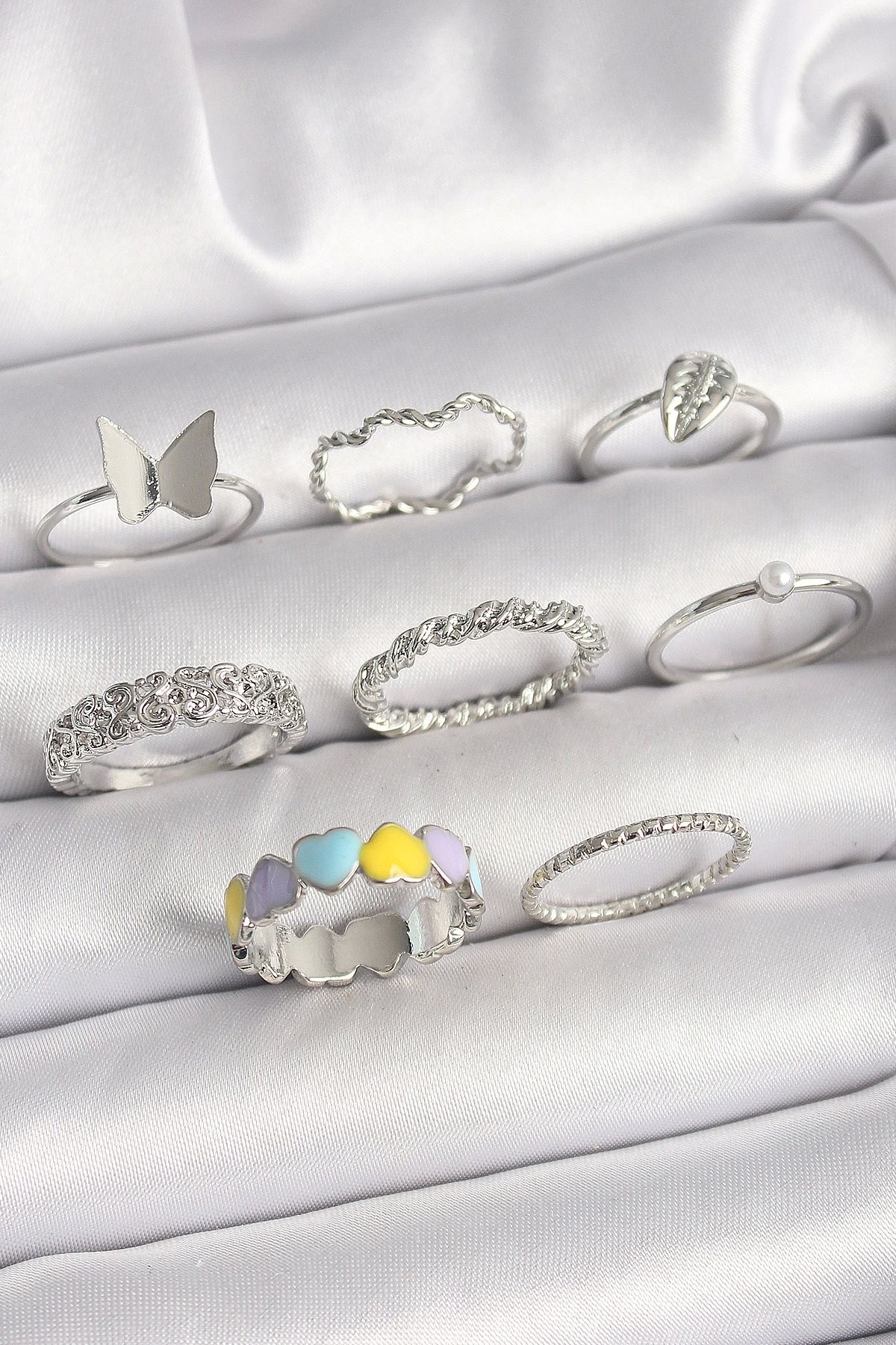 OurStyles Pirinç Gümüş Renk Renkli Kalp Zirkon Taş Kelebek Detaylı Kadın Yüzük Kombini - TJ-BYK3657