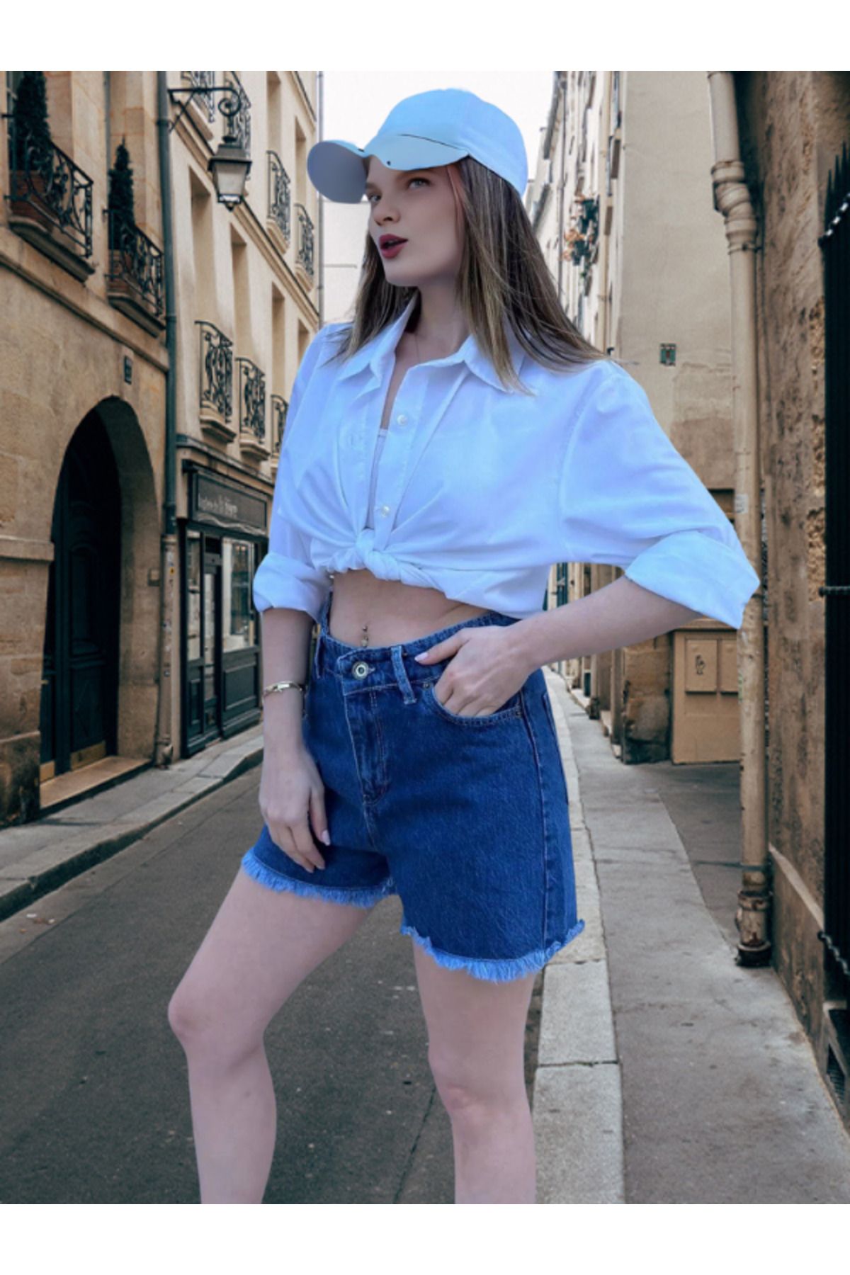 BEES JEANS Mavi Yüksek Bel Rahat Denim Şort