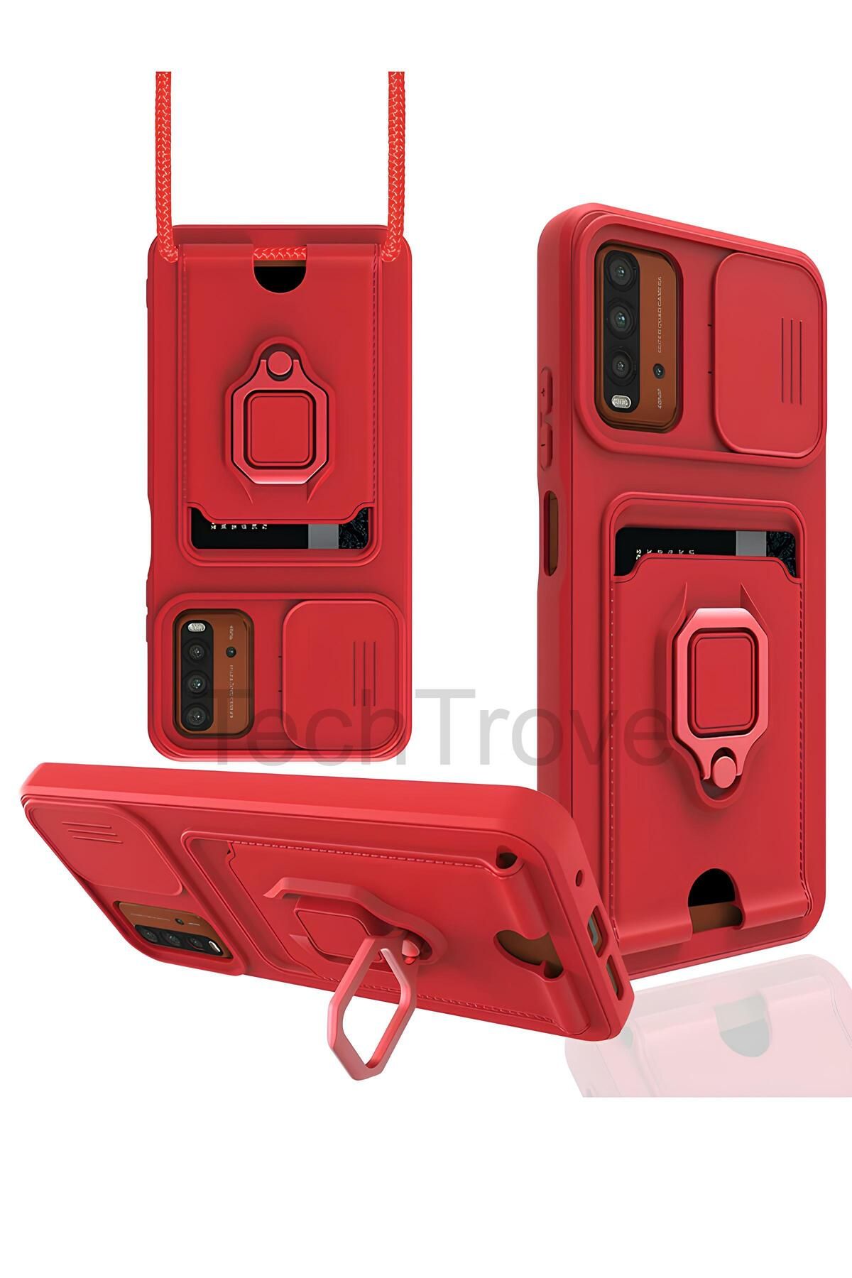 TechTrove Xiaomi Redmi Note 9 4G Kılıf Kamera Koruma Sürgülü Kartvizitli Kartlıklı Standlı İpli Renkli Kapak