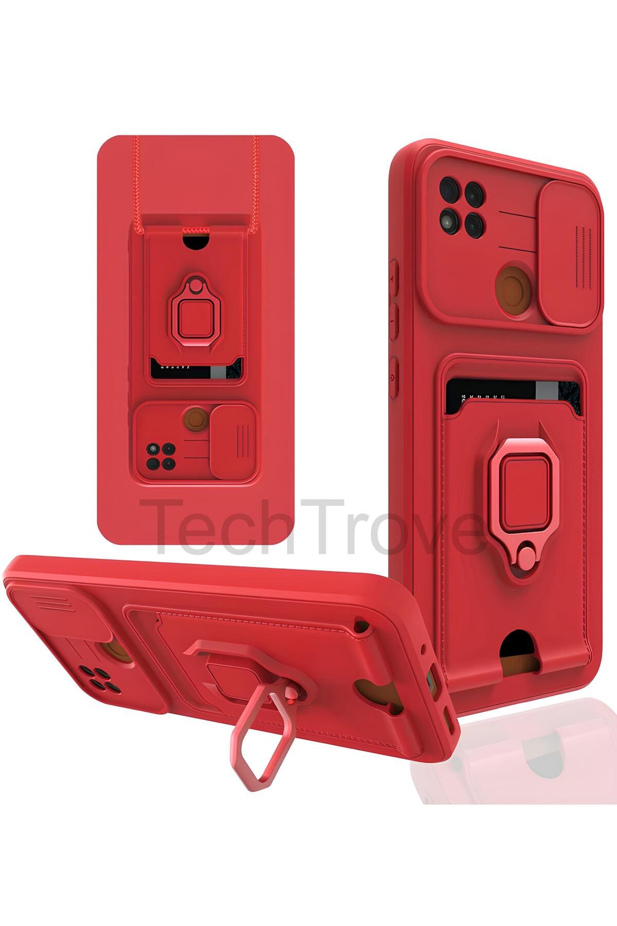 TechTrove Xiaomi Redmi 9C Kılıf Kamera Koruma Sürgülü Kartvizitli Kartlıklı Standlı İpli Renkli Kapak