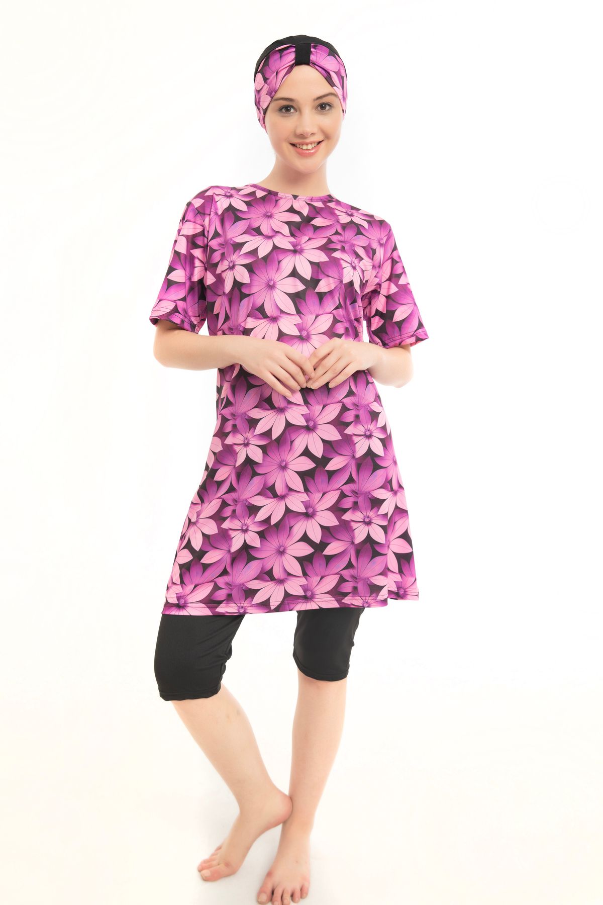 bazaar-turkey all you need Desenli Kısa Kollu Kısa Taytlı Tesettür Mayo 1604-72 Pembe