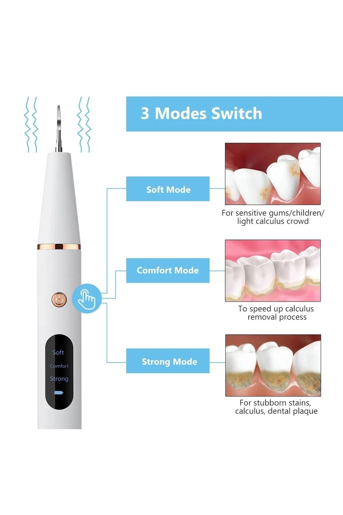 ŞimdiBenim Şarjlı Ultrasonic Titreşimli Diş Taşı Tartar Diş Lekesi Temizleme 3 Modlu Led Ekranlı Işıklı Elektro