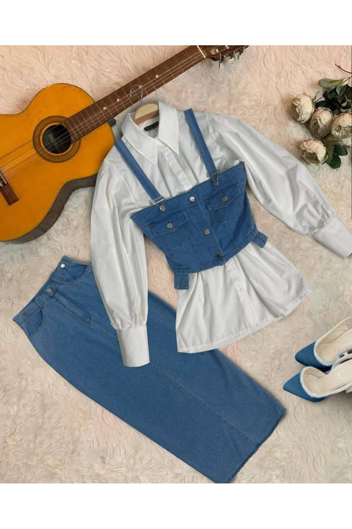 zümrüt moda kot büstiyer , gömlek ve etek , üçlü etekli takım 1792