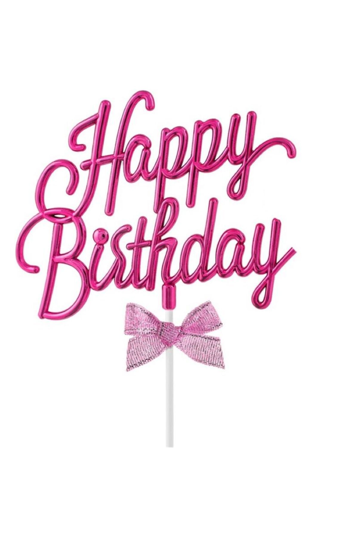 Partinity Happy Birthday Pembe Gümüş Pasta Üzeri Banner | Doğum Günü Yazısı | Parti Pasta Süsü