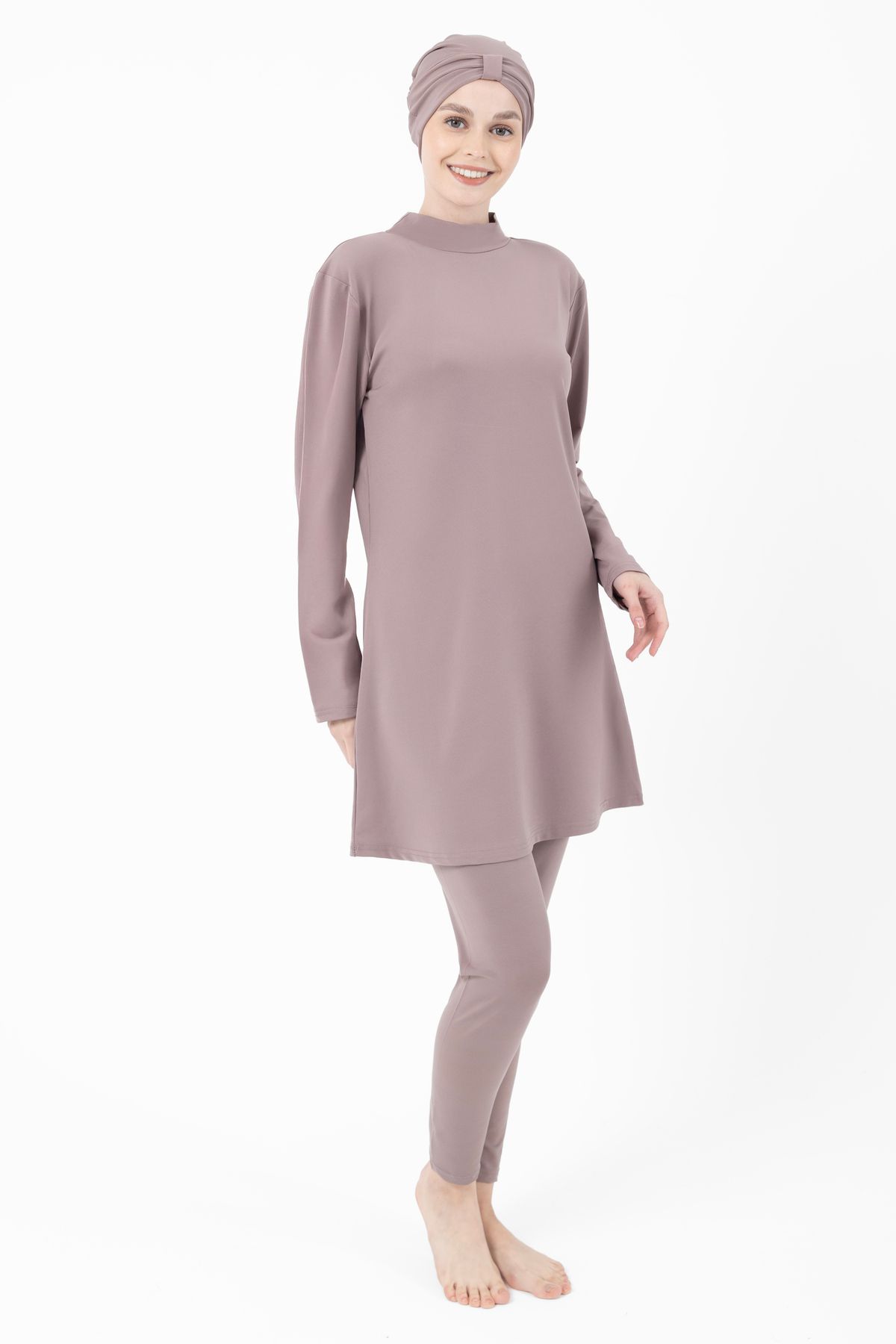 bazaar-turkey all you need Likralı Düz Renk Tesettür Mayo 1602-5 Vizon