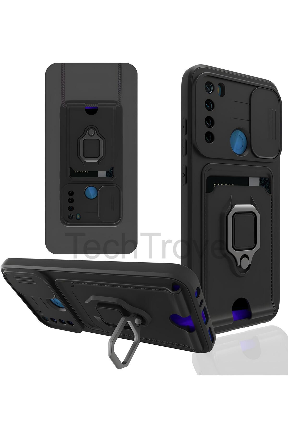 TechTrove Xiaomi Redmi Note 8 Kılıf Kamera Koruma Sürgülü Kartvizitli Kartlıklı Standlı İpli Renkli Kapak