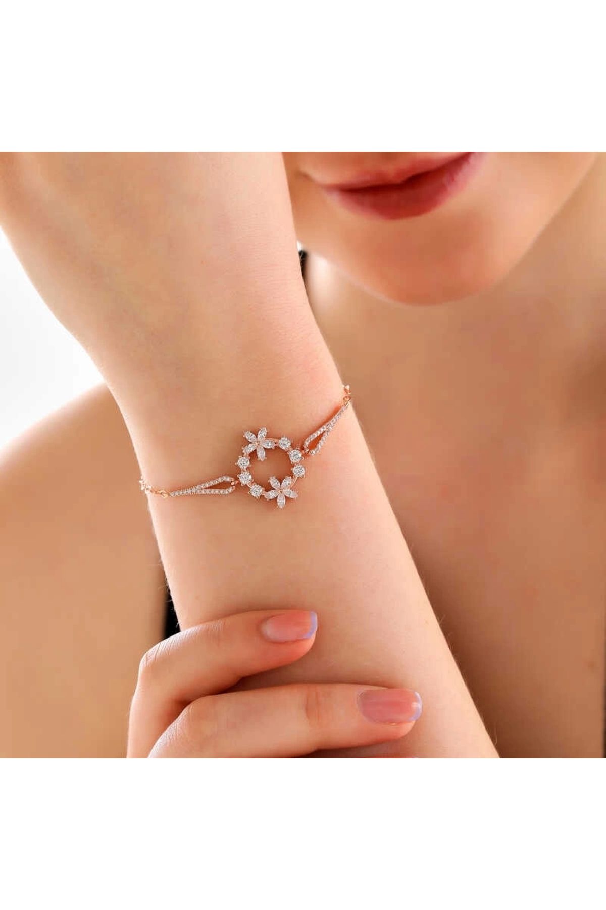 minaydan 925 Ayar Gümüş Rose Beyaz Çiçek Kadın Bileklik