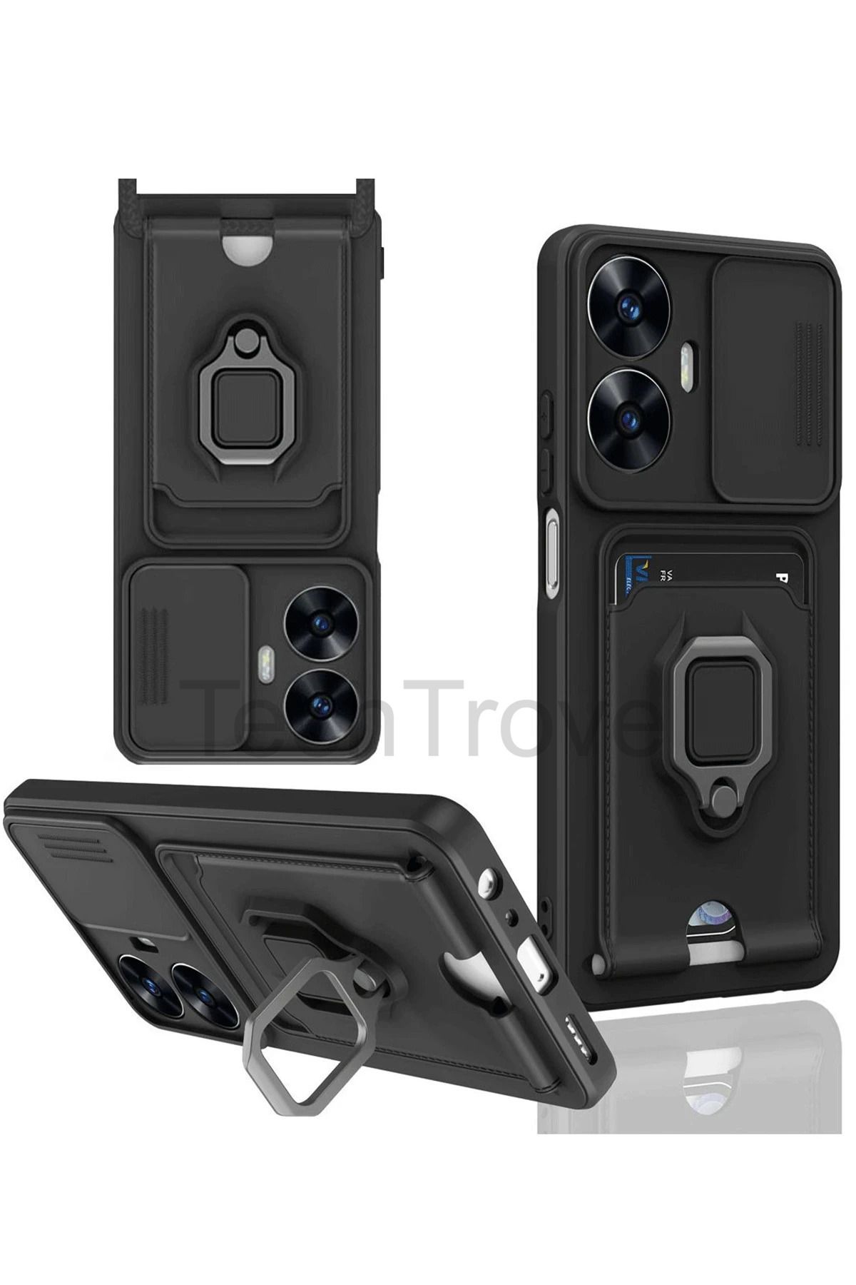 TechTrove Realme C55 Kılıf Kamera Koruma Sürgülü Kartvizitli Kartlıklı Standlı İpli Renkli Kapak