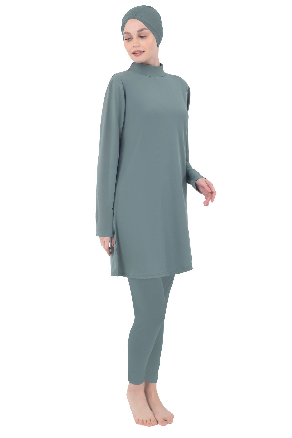 bazaar-turkey all you need Likralı Düz Renk Tesettür Mayo 1602-3 Yeşil