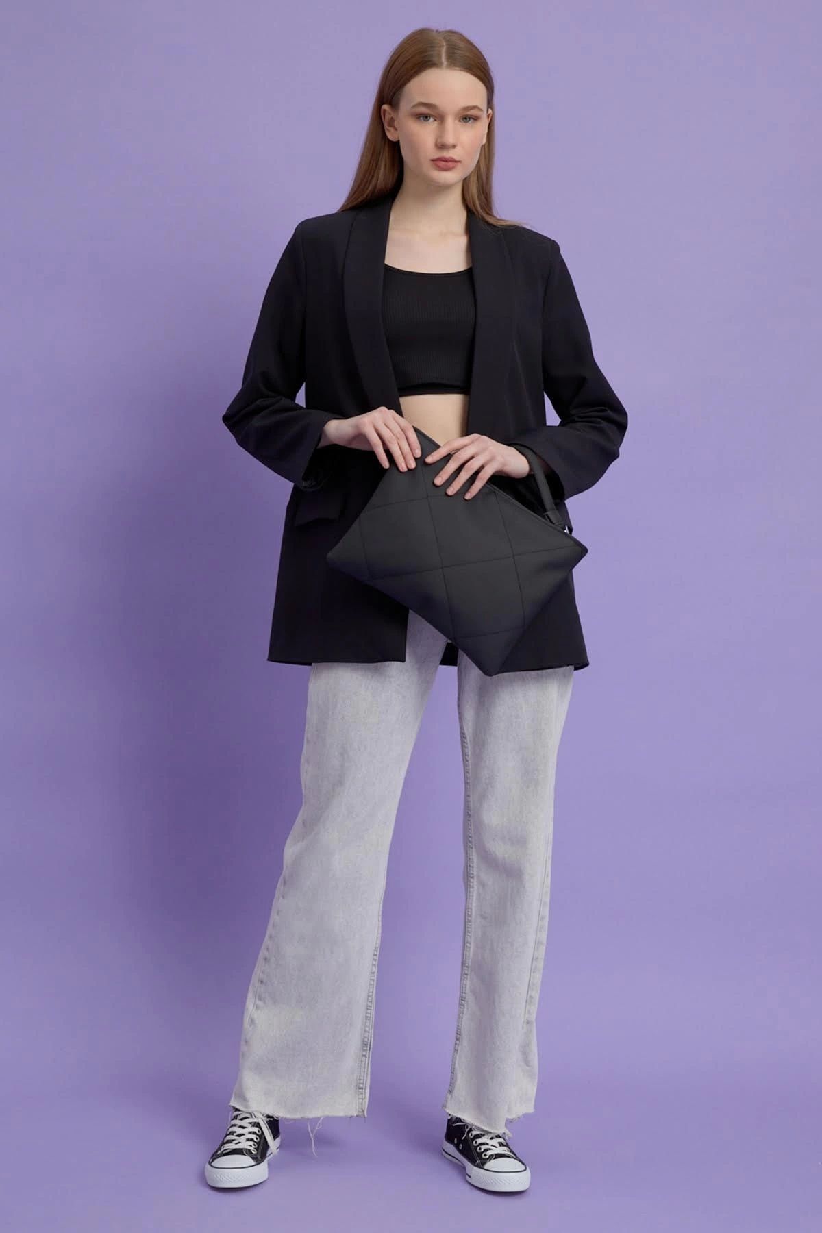 minaydan Kadın Siyah Deri Kapitone Clutch El Çantası