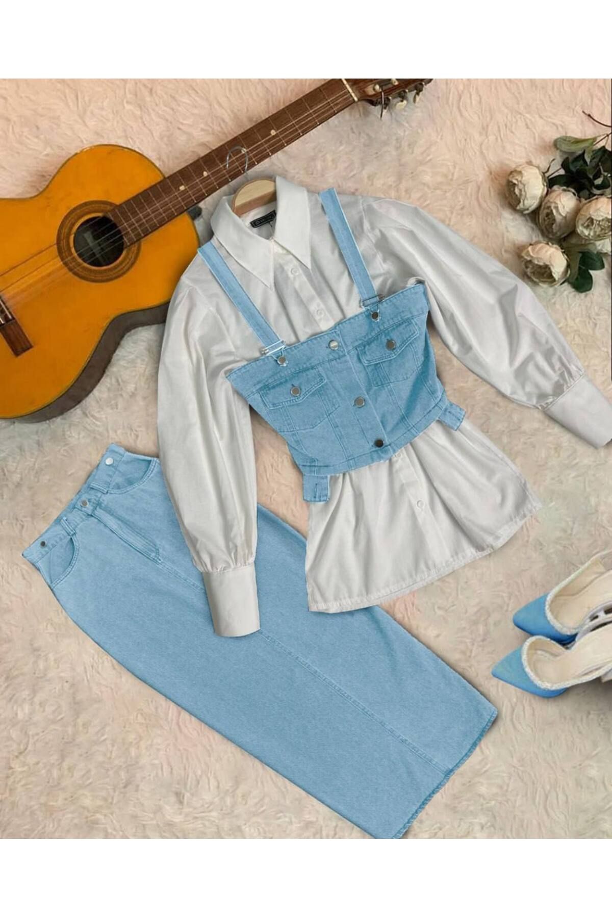 zümrüt moda kot büstiyer , gömlek ve etek , üçlü etekli takım 1792