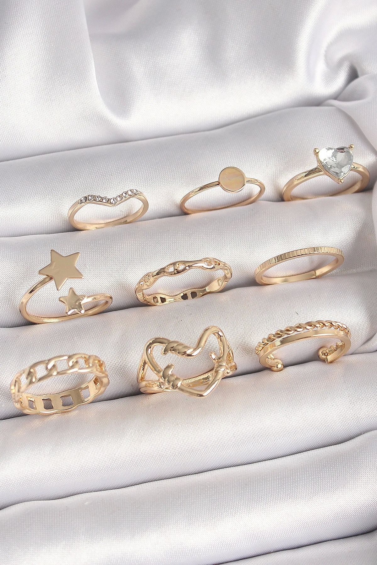 OurStyles Pirinç Gold Renk Zirkon Taş Detaylı Kalp Yıldız Figür Kadın Yüzük Kombini - TJ-BYK3662