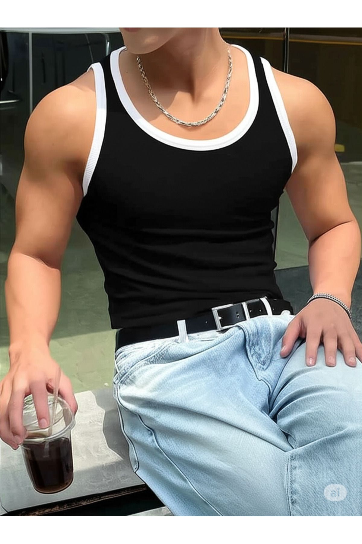 Moda Akai Erkek Halter Yaka Sporcu Likralı Atlet siyah beyaz