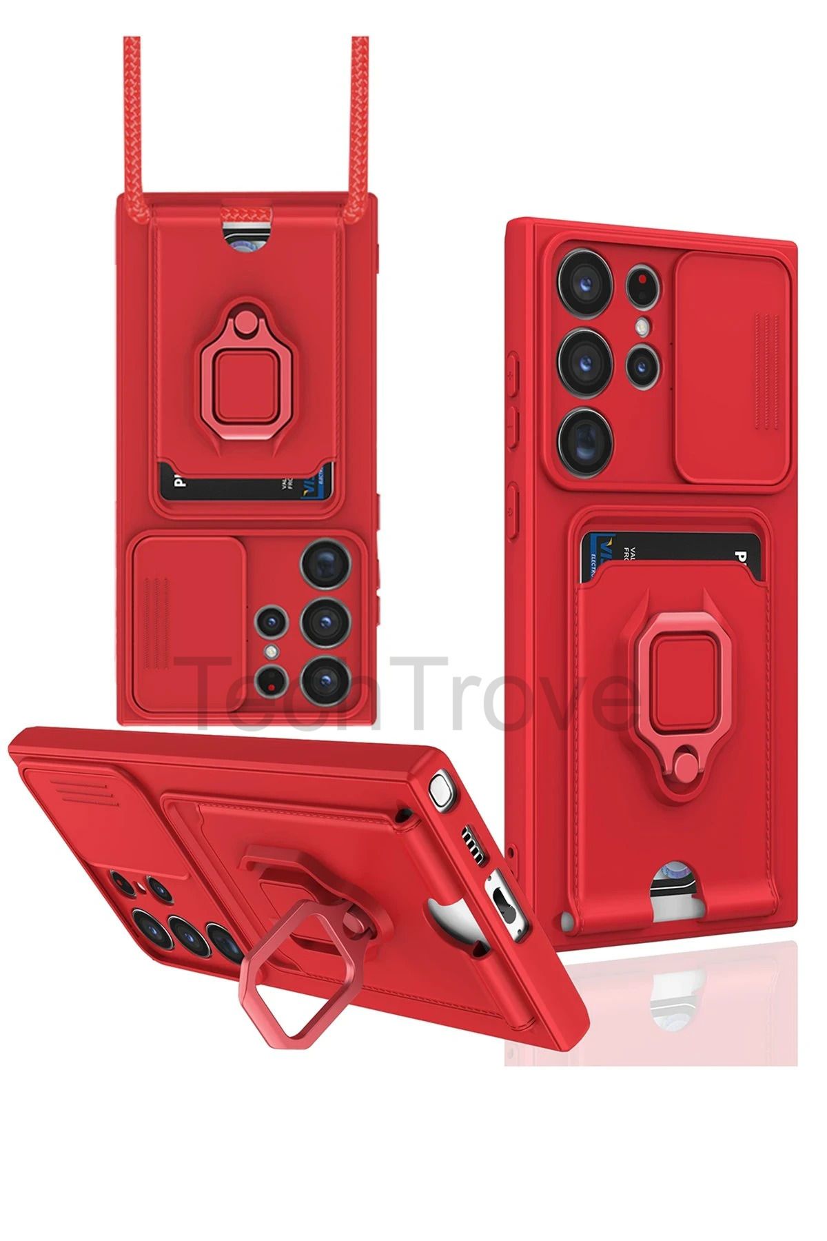 TechTrove Samsung Galaxy S24 Ultra Kılıf Kamera Koruma Sürgülü Kartvizitli Kartlıklı Standlı İpli Renkli Kapak