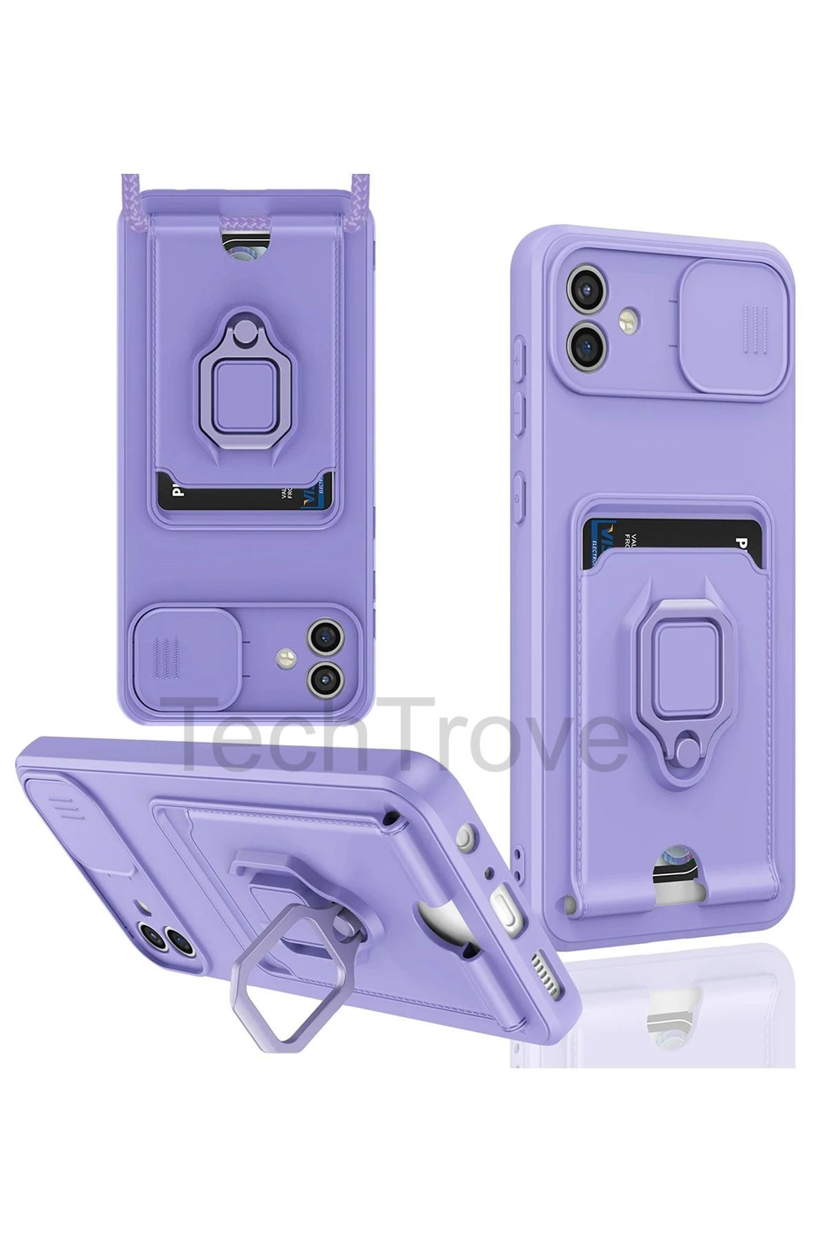 TechTrove Samsung Galaxy A05 Kılıf Kamera Koruma Sürgülü Kartvizitli Kartlıklı Standlı İpli Renkli Kapak